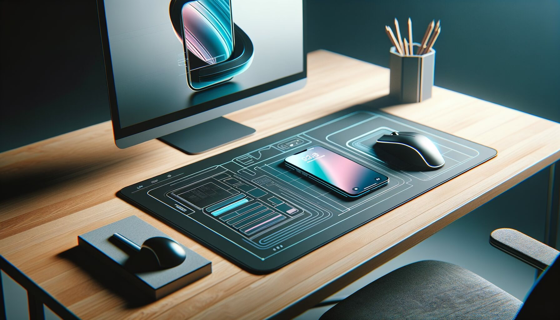 KDB Tech-Update 202405100502 Moderner Schreibtisch mit Monitor, Smartphone auf kabelloser Ladefläche und ergonomischer Maus; symbolisiert digitale Technik und Produktivität.