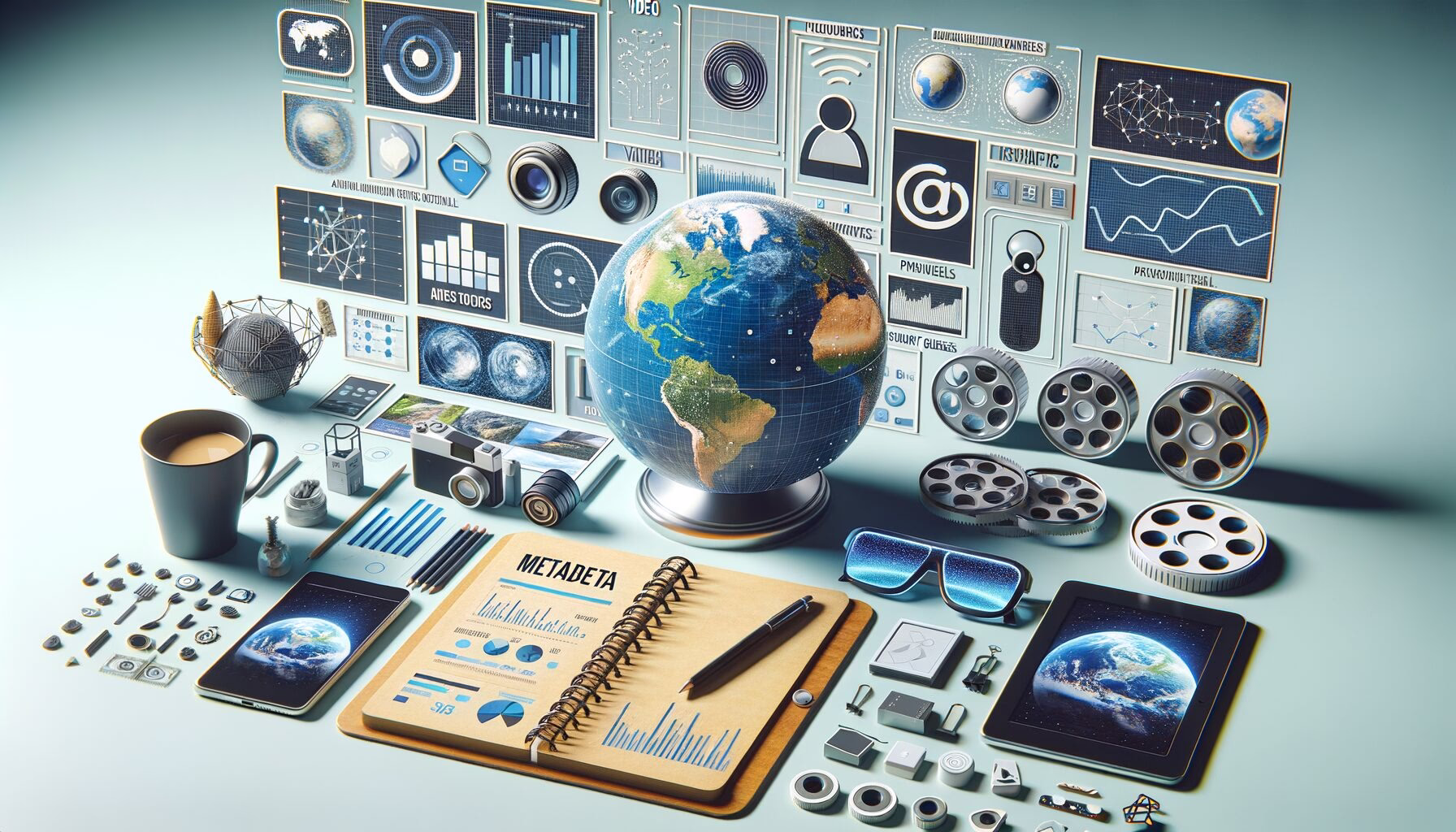 KDB Tech-Update 202405101502 Modernes Tech-Setup mit Globus, Diagrammen, Videokacheln, Smartglasses und Tablet-UI; Visualisierung von Daten, KI und Klimatrends.