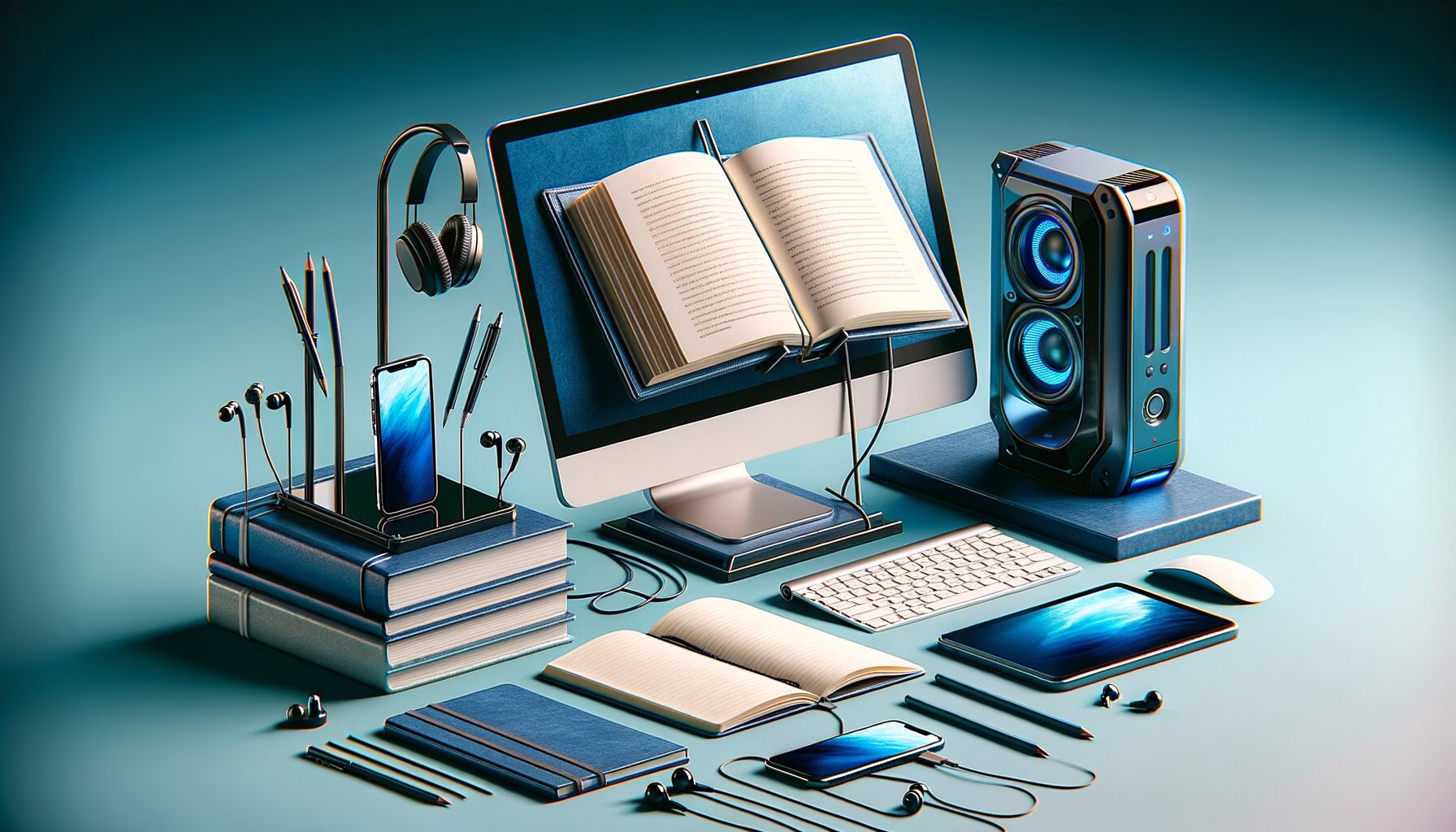 KDB Tech-Update 202405110506 Arbeitsplatz mit Monitor, Tablet am Stand, offenem Notizbuch und Smartphone; daneben Stifte, Ohrstöpsel und Eingabegeräte für produktives Arbeiten.