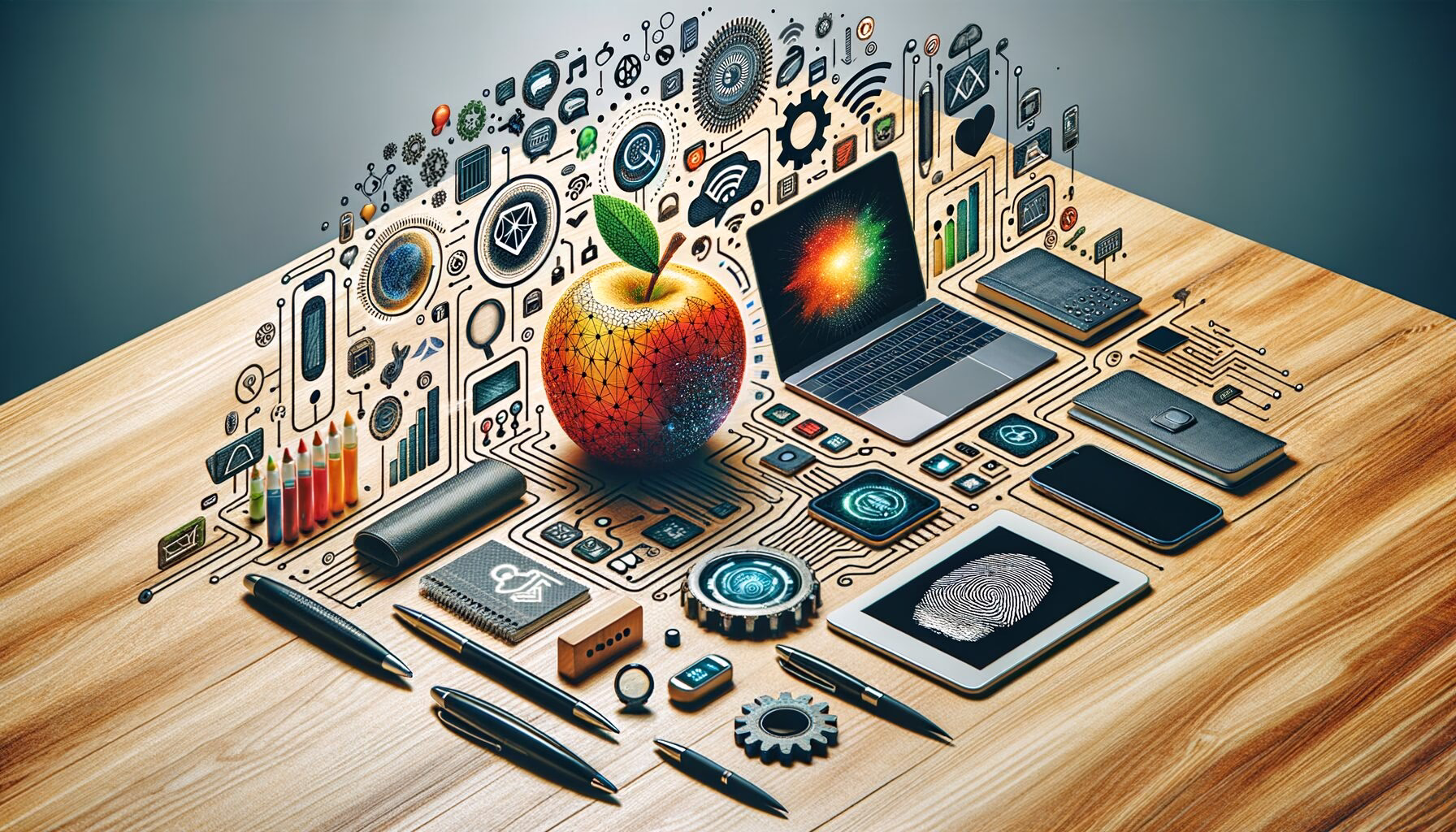 KDB Tech-Update 202405111502 Technik-Desk mit Laptop und Smartphones, Symbolen für Datenleck, Cyberangriff sowie Fingerabdruck- und Gesichtserkennung; vermittelt IT-Sicherheit und Automatisierung.