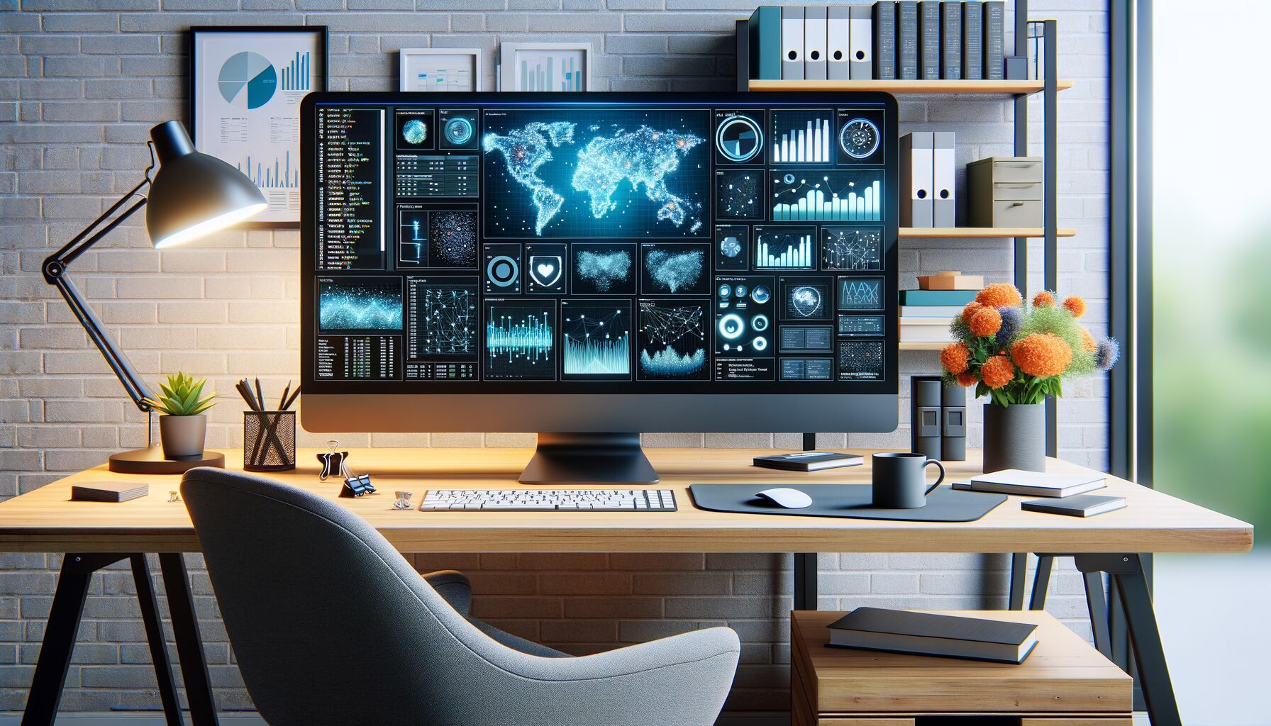 KDB Tech-Update 202405121504 Moderner Arbeitsplatz: Monitor mit Datenvisualisierungen, Diagrammen und Tabellen, daneben Tastatur, Maus, Notizbücher; ordentliche Technik für Analysen.