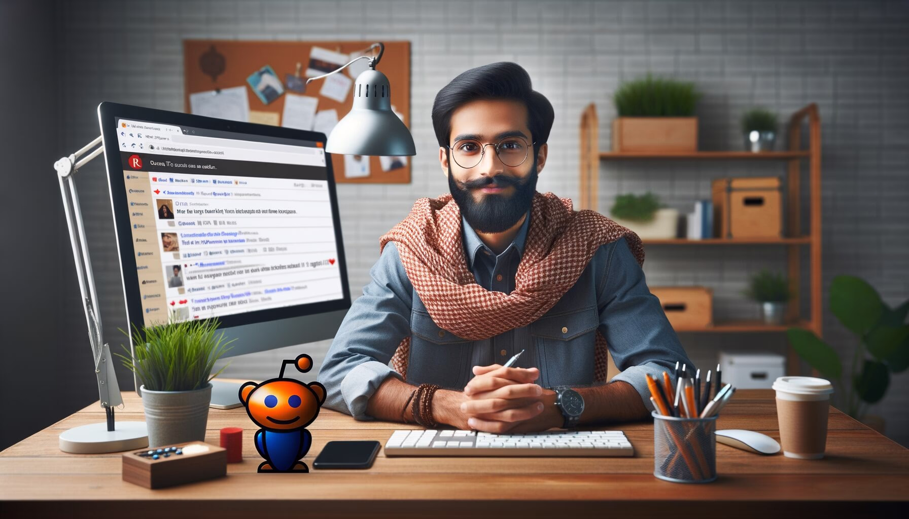 KDB Tech-Update 202405130503 IT-Fachkraft sitzt am Schreibtisch, sieht auf einen Monitor mit Reddit-Post; Umfeld mit Tastatur, Notizen und Smartphone symbolisiert Support.