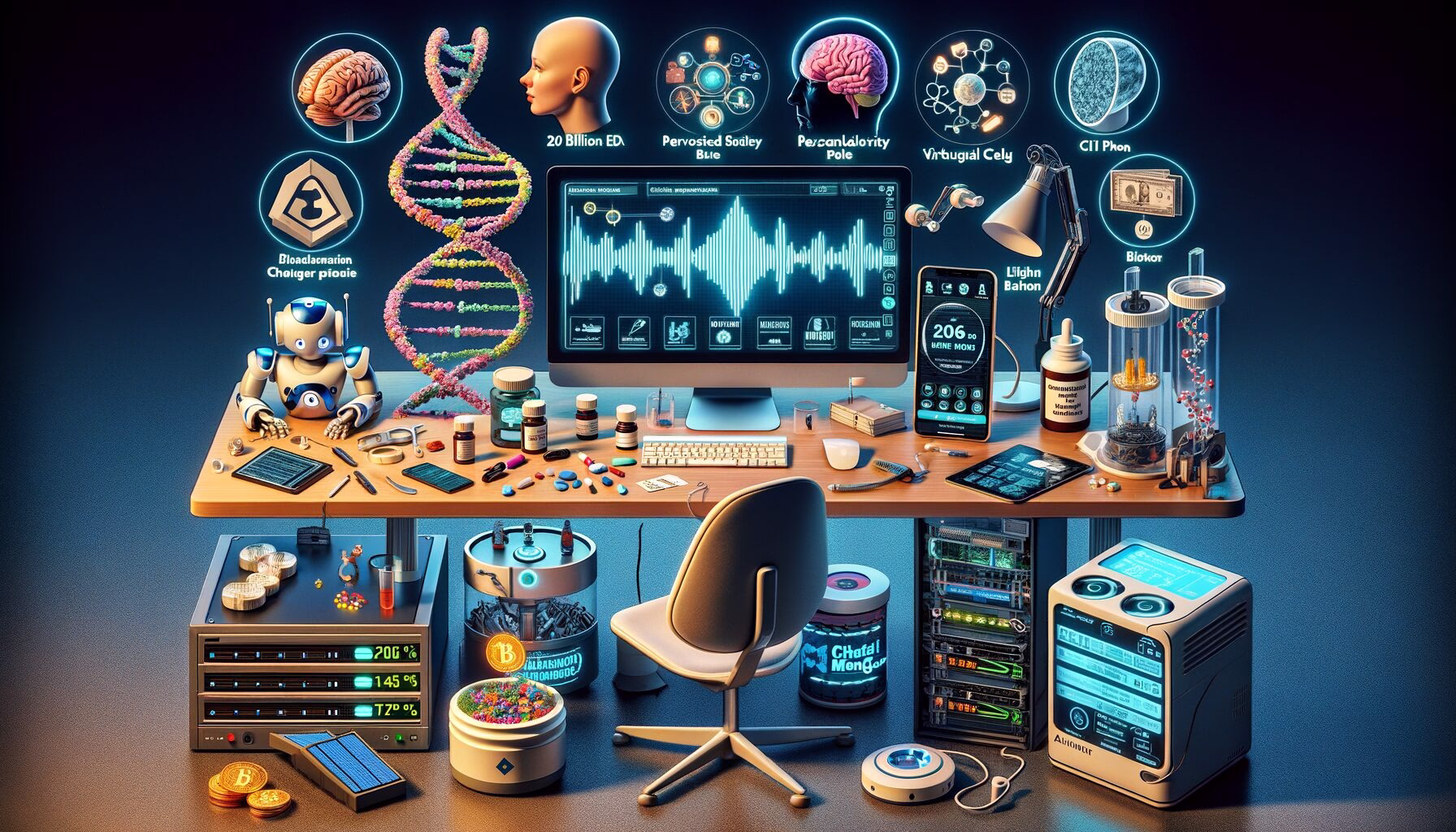 KDB Tech-Update 202405140503 Technologie-Arbeitsplatz mit Bildschirm, DNA-Modell, Robotik‑Bedienelementen, Solarzelle mit Akku, KI‑Chatfenster, VR‑Headset und Serverrack.