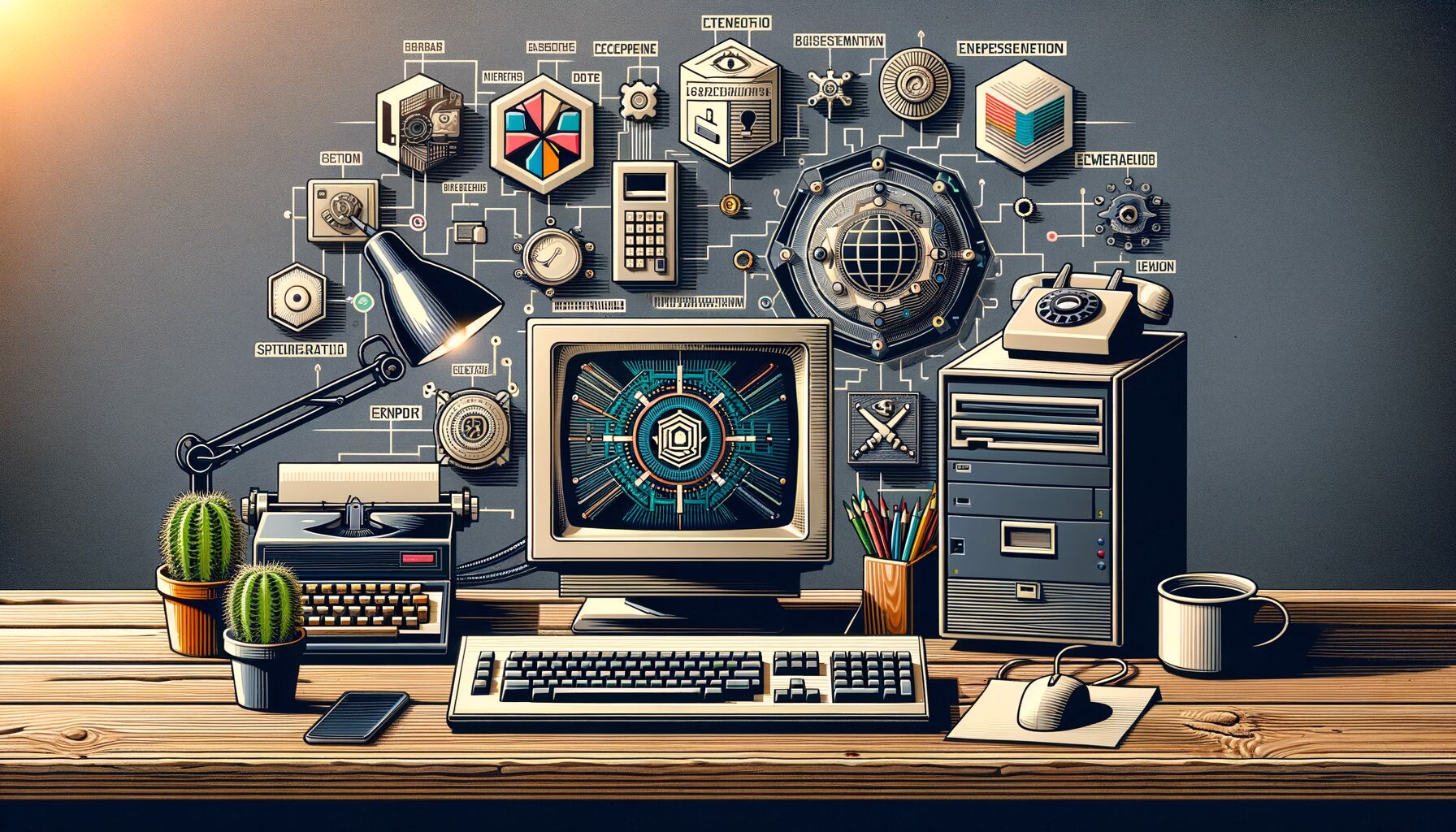 KDB Tech-Update 202405141505 Schreibtisch-Setup mit altem Computer, zentralem Monitor und Server, Symbole für Cybersecurity, Browser-JavaScript-Exploit und Patch-Update.