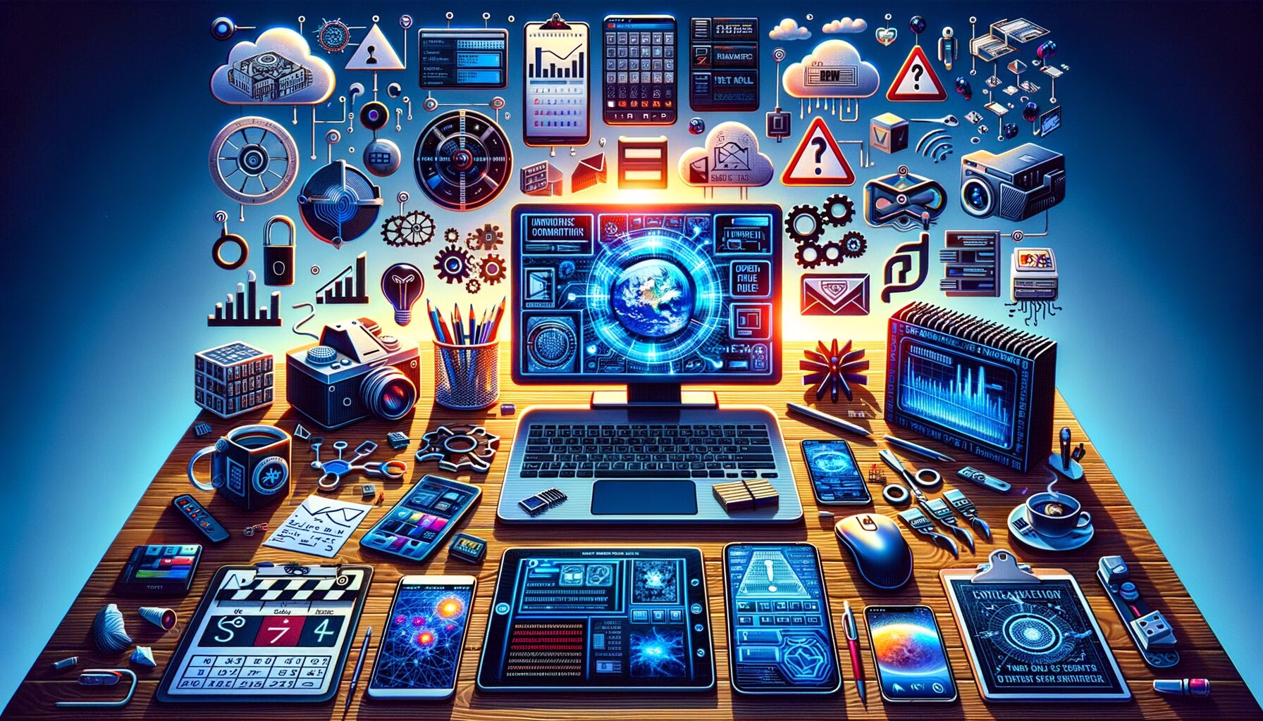 KDB Tech-Update 202405150506 Illustration eines Arbeitsplatzes mit Laptop, Smartphone und Symbolen für Datensicherheit, Updates, Cloud, E-Mail und Warnhinweisen vor Cyberangriffen.