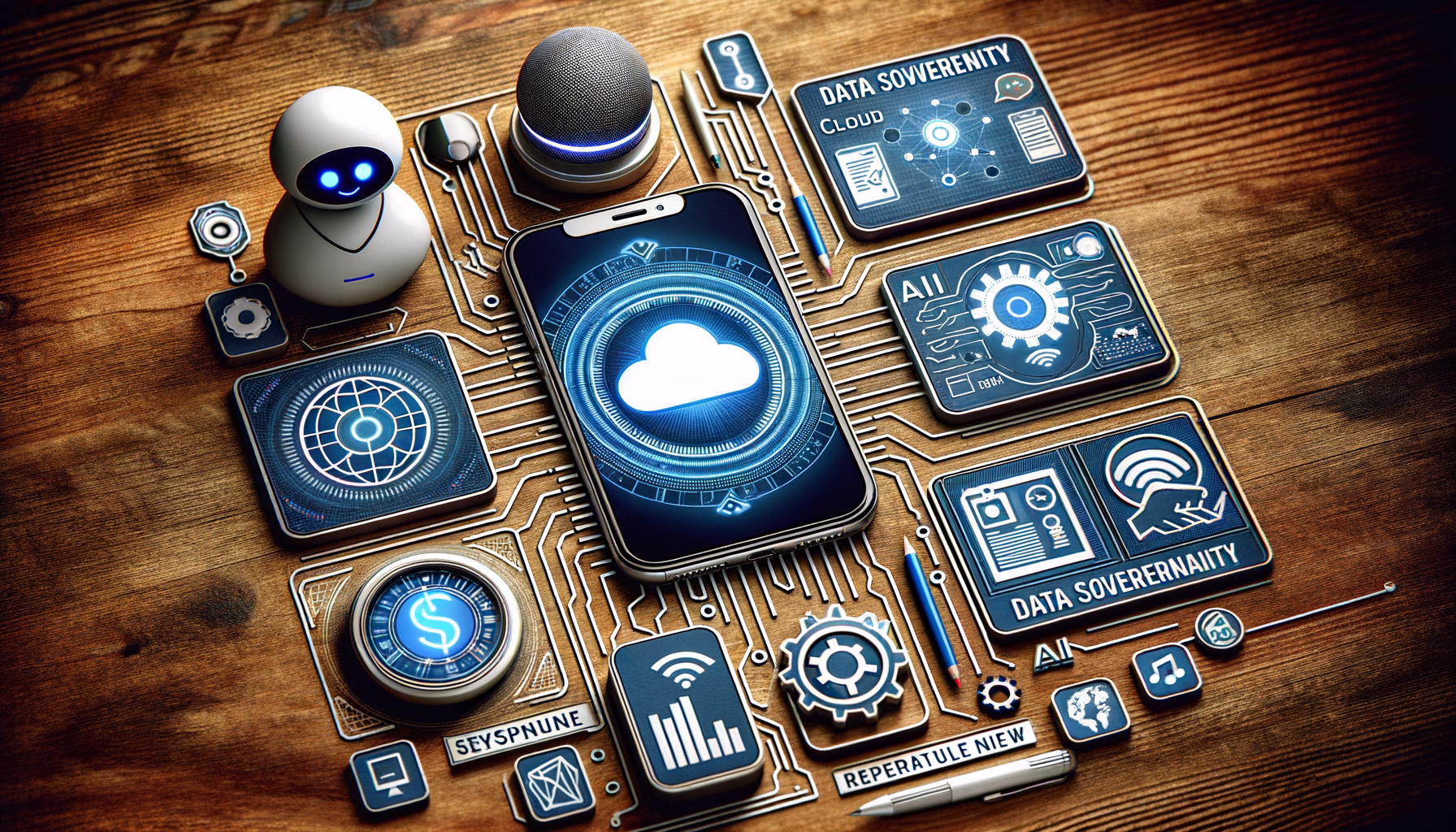 KDB Tech-Update 202405160505 Elektronische Symbole auf Holz: Smartphone, Cloud, KI, Karten-Apps, Datenschutz-/Souveränität und Tech-News—stehen für vernetzte Updates und Sicherheit.