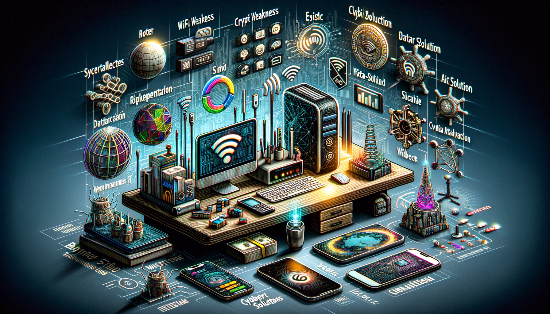 KDB Tech-Update 202405161504 Technik-Visualisierung: Netzwerkgeräte, Router-Icons und mehrere Smartphones, daneben Symbole für Wi‑Fi, Datenanalyse und IT‑Sicherheit.