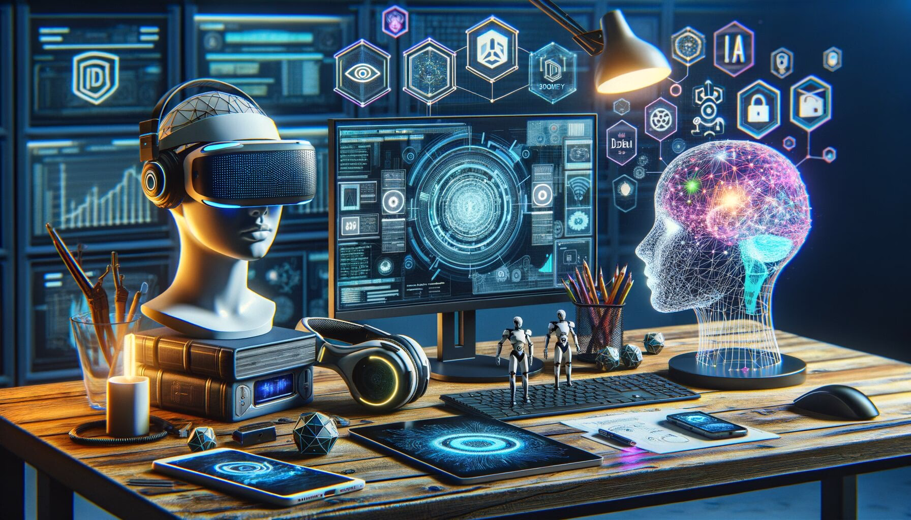 KDB Tech-Update 202405171502 KI-Interface mit VR-Brille, Monitoren mit Sicherheits- und Daten-Overlays sowie virtueller Kopfvisualisierung; zeigt Analyse und Schutz im IT-Kontext.