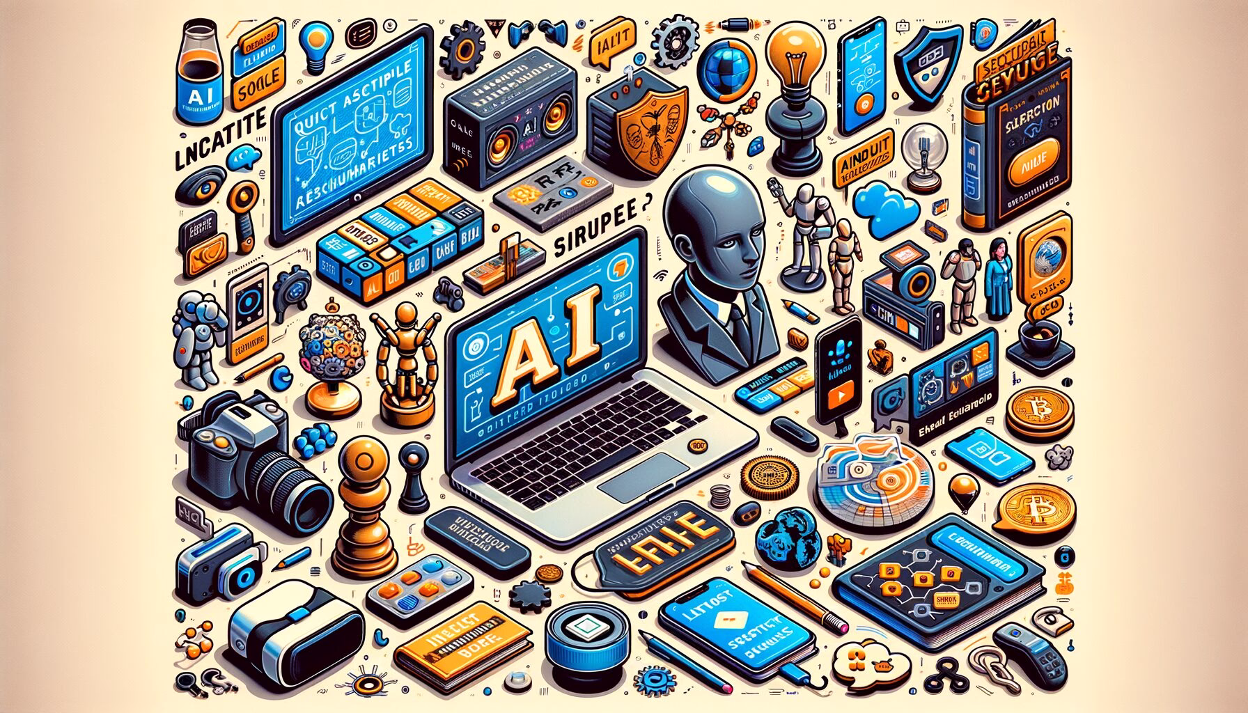 KDB Tech-Update 202405180501 Symbolische Technik-Collage mit Laptop, KI-Avataren, Eingabe-/Chat-Elementen, Sicherheits- und Analyse-Icons sowie VR-Gläsern und Cloud-Check.