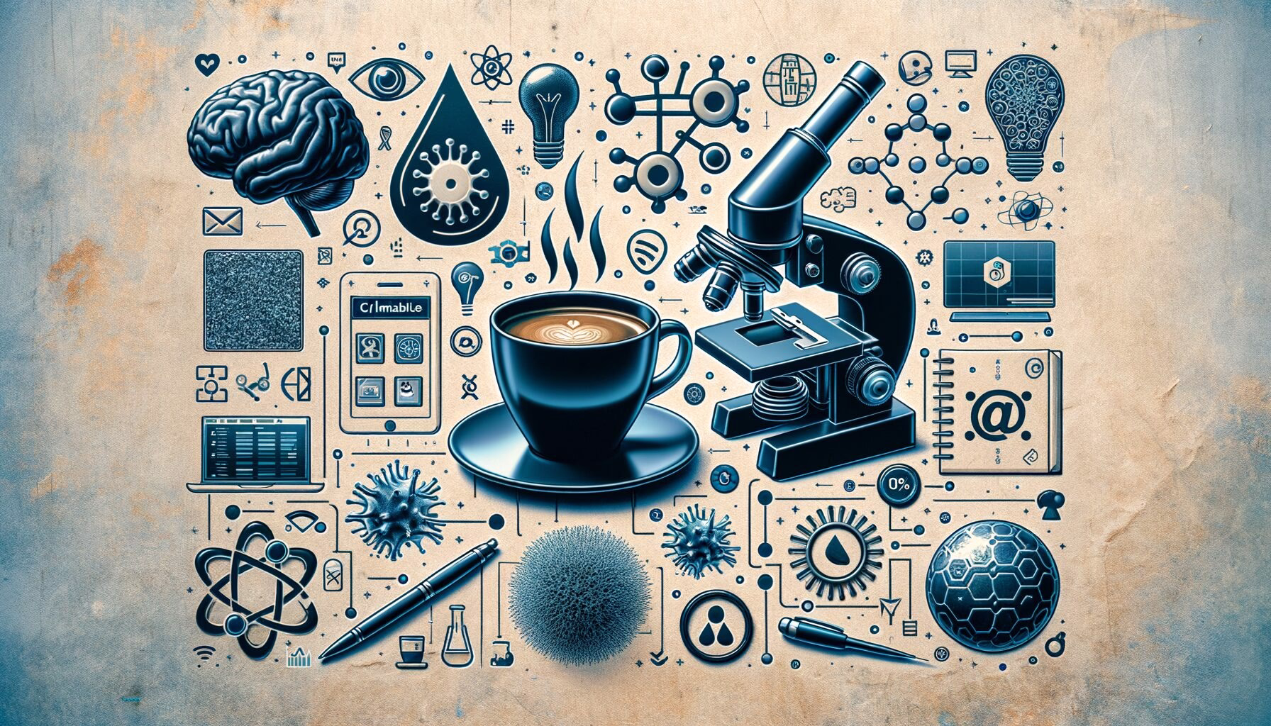 KDB Tech-Update 202405181502 Grafik: Schreibtisch mit Kaffeetasse, Mikroskop, Elektronen- und KI-Symbolen, Gewebe- und synapsartigen Icons, Sicherheits- und Klimasymbolen, Webinar-Icons.