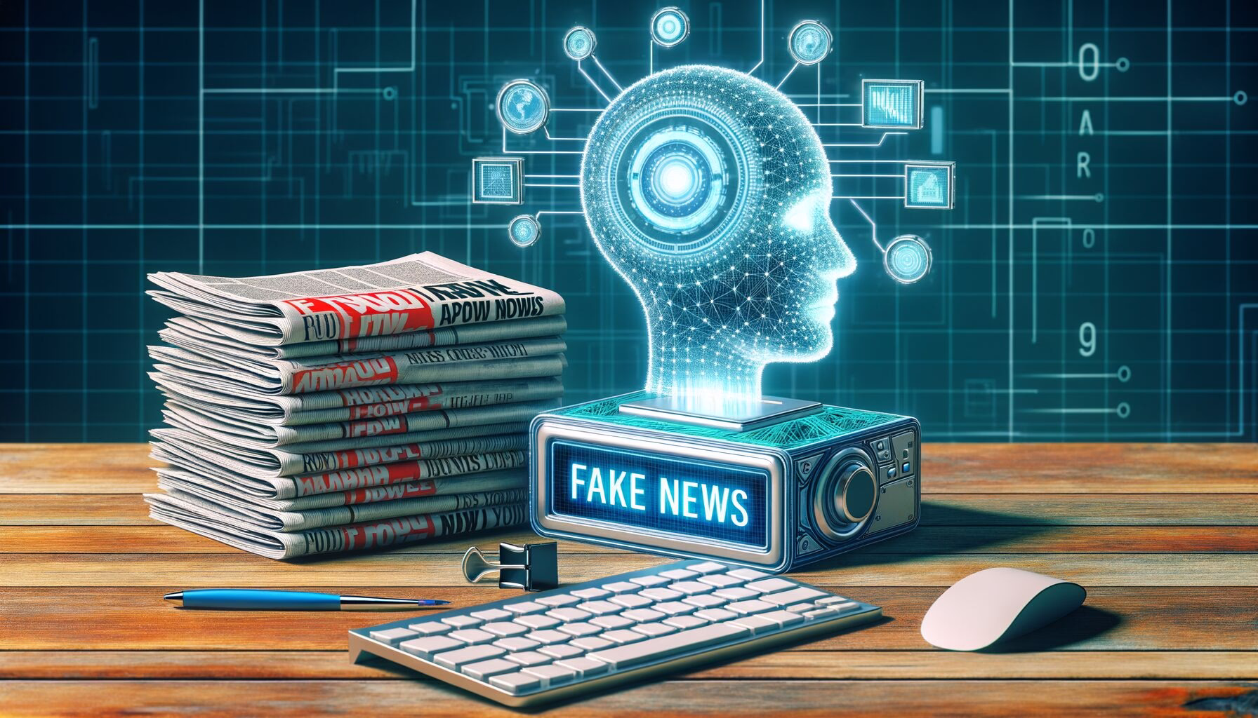 KDB Tech-Update 202405190505 Reihe Zeitungen neben Computer und Tastatur; holografischer Kopf über einem Gerät mit „FAKE NEWS“ als Hinweis auf Desinformation.