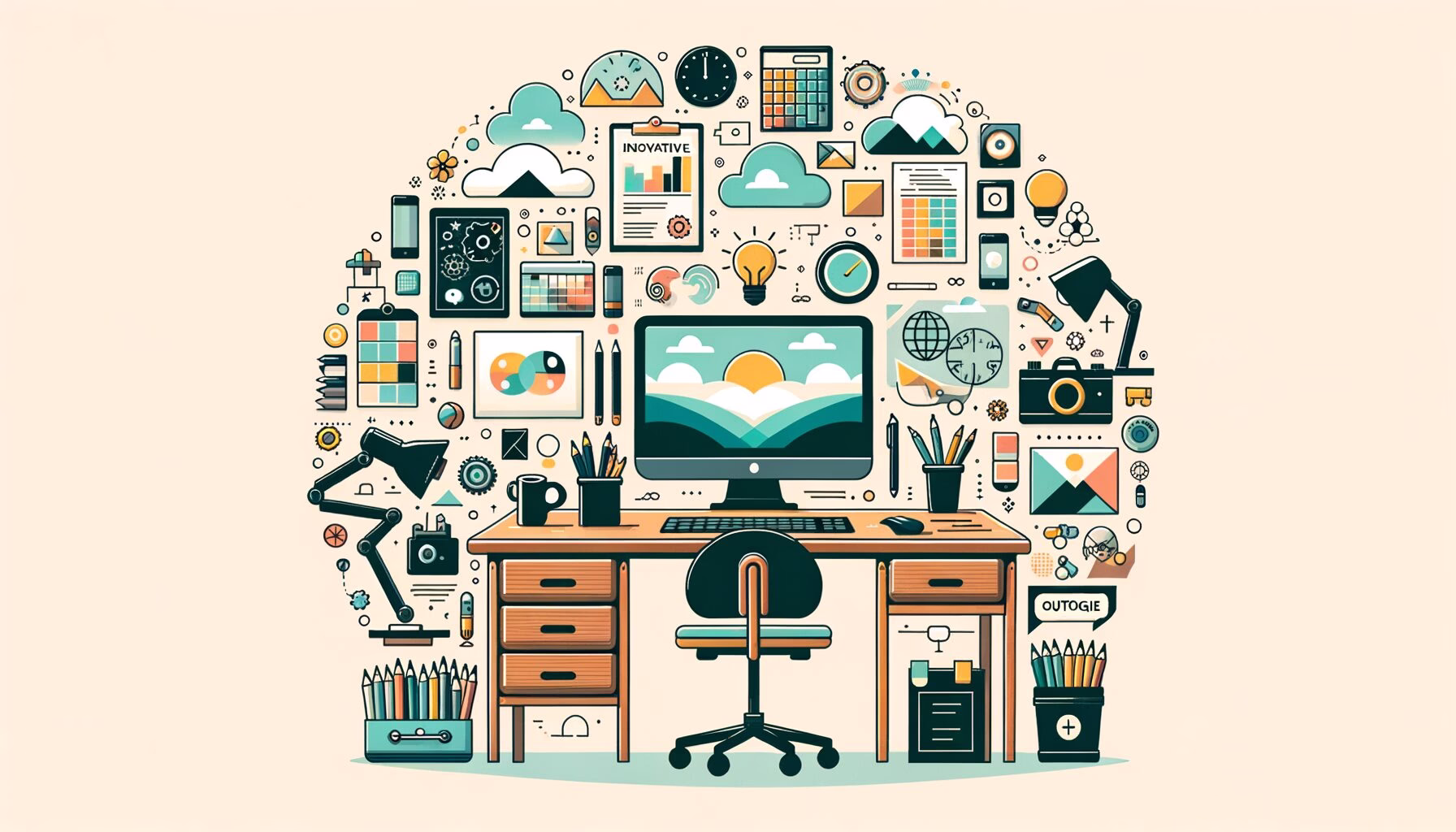 KDB Tech-Update 202405191503 Illustration eines Schreibtischs mit Monitor, Grafik- und Kunstsymbolen, Notiz-Elementen sowie Symbolen für Zitate und Interviews.
