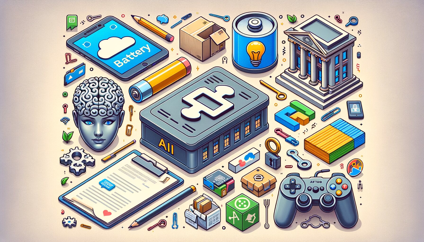 KDB Tech-Update 202405201502 Illustration eines Technologie-Desk: Batterie, KI-Symbol, Schule, Chatpapier, Cloud-Icons, Werkstattunterlagen, Controller und Schloss-Box für Passwortschutz.