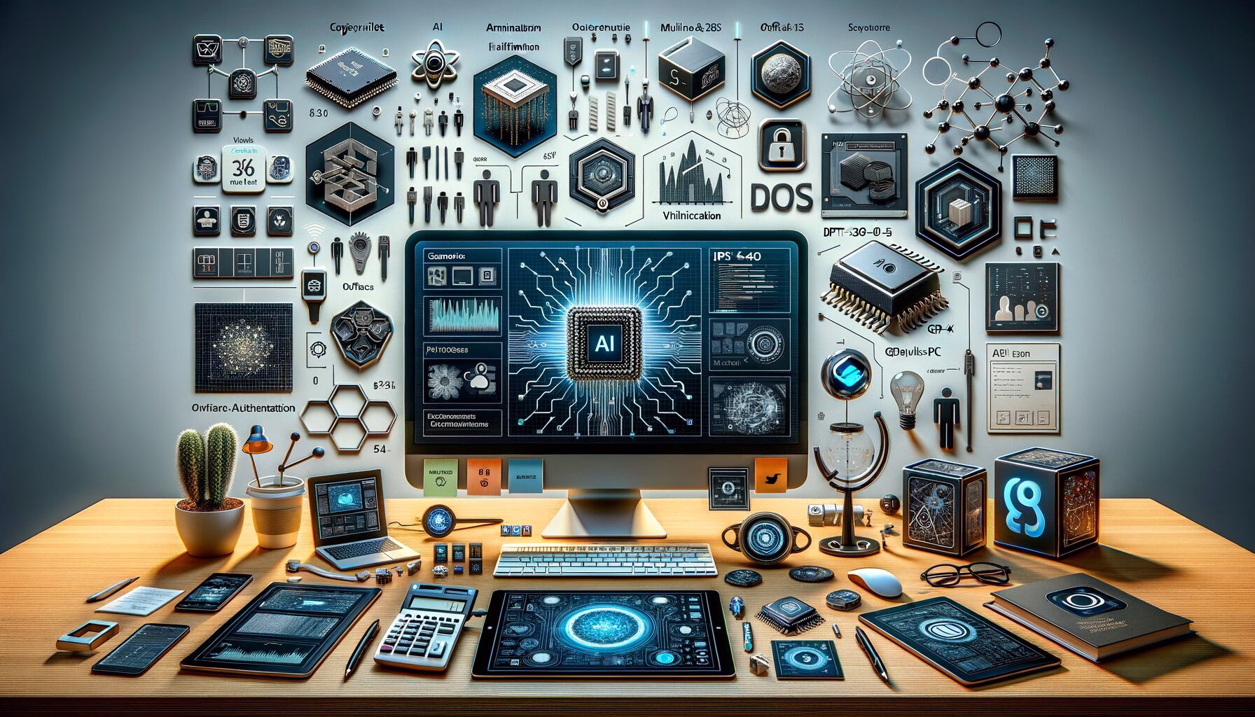 KDB Tech-Update 202405211504 Technik-Desk mit PC-Display voller KI-Diagramme, Chip- und Netzwerksymbolen sowie Codes/Icons für Sicherheit und DoS.