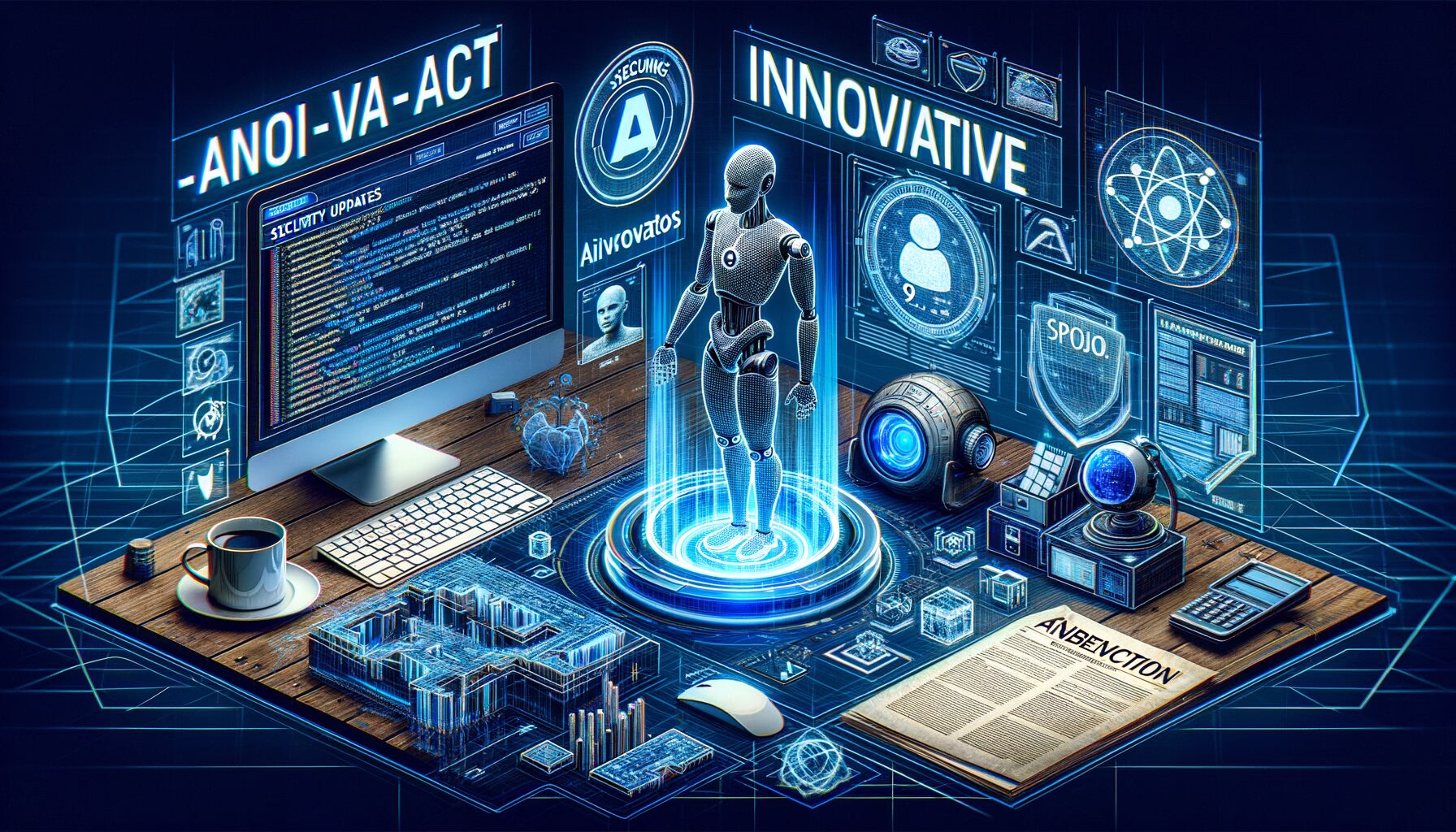 Technisches Desk-Layout mit Monitoren, KI-Avatar-Hologramm, Sicherheits-Updates, Programm-Vorschau und Dokument „AI Act“ zur Cybersicherheit