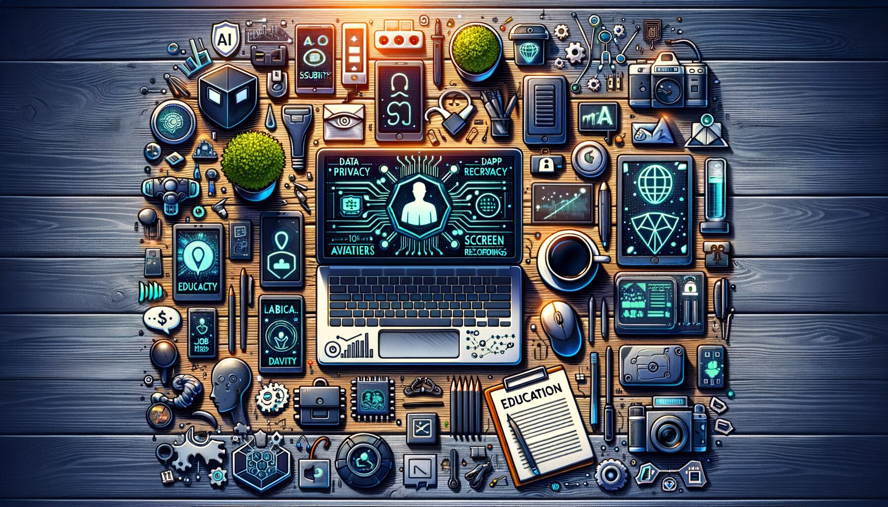 KDB Tech-Update 202405230506 Laptop-Workstation mit Icons zu KI, Datenschutz und IT-Sicherheit, um Bildung, Automatisierung und Technologie-Updates anschaulich darzustellen.
