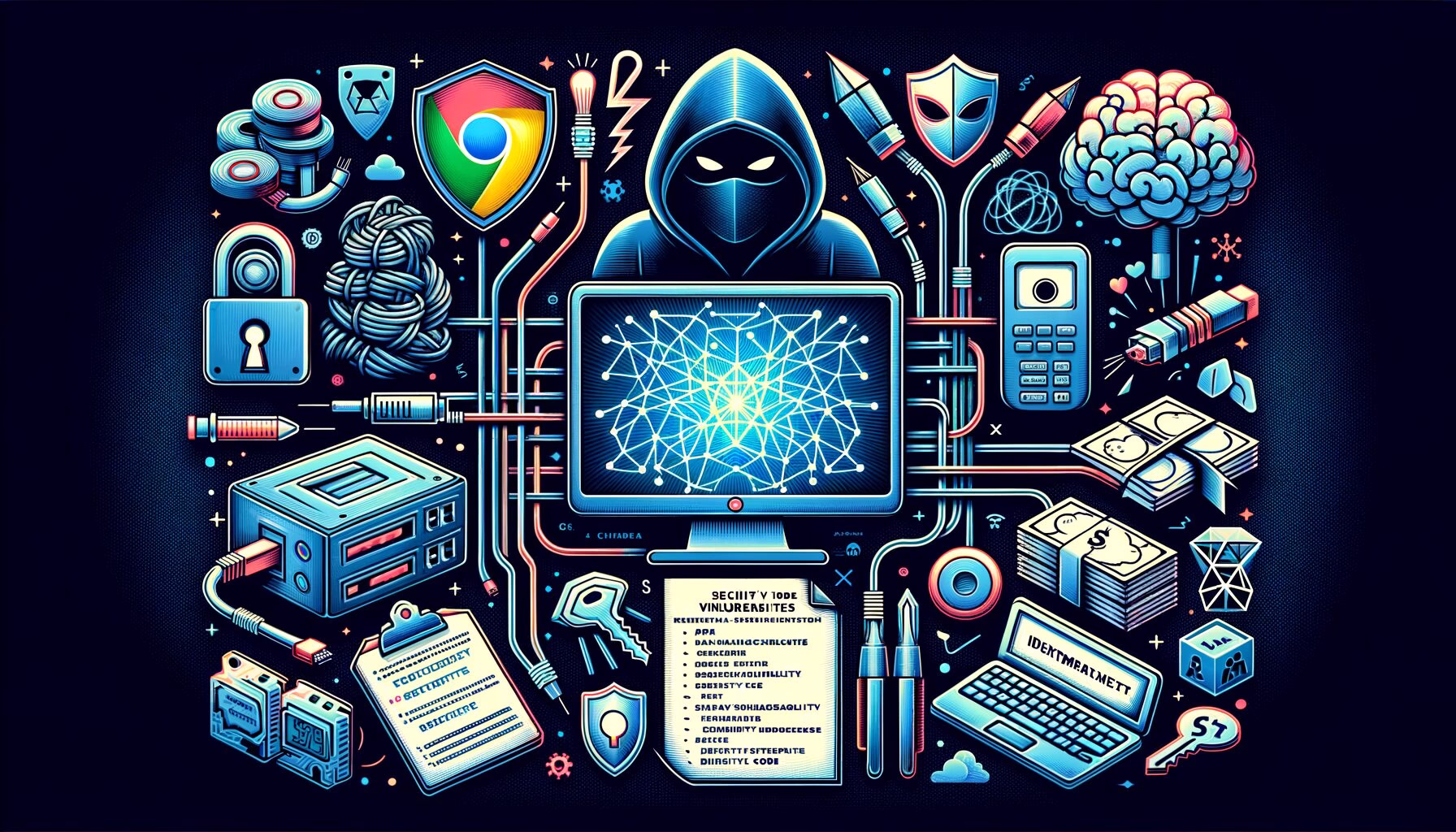 KDB Tech-Update 202405231505 Zentraler Hacker-Schatten mit Netzwerk-Grafik auf Monitor, umgeben von Sicherheits-Symbolen, Datenpfaden, Code- und Schutz-Icons für Cybersecurity.