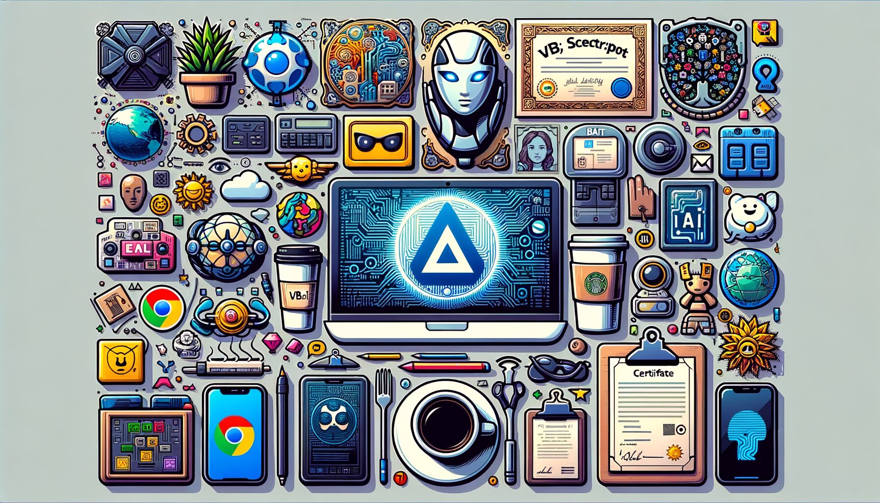 KDB Tech-Update 202405240503 Collage: Laptop mit KI-Symbol, Chatbot-Icons, Papier und Zertifikate, Server-Elemente sowie Kabel und Tools zur Darstellung technischer Updates.