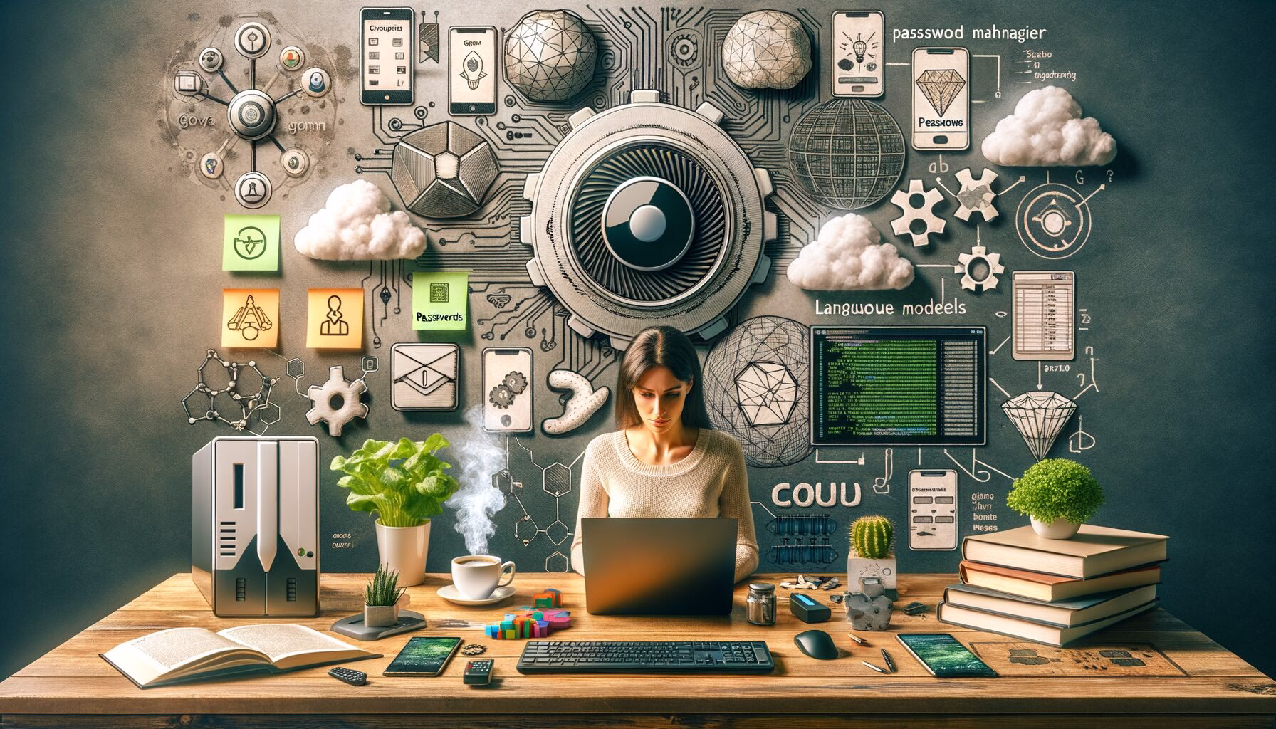 KDB Tech-Update 202405250505 Technik-Illustration: Laptop und Smartphone, KI- und Cloud-Symbole, Passwort-Manager-Elemente, Browsercode sowie Server- und Sprachmodell-Visuals.