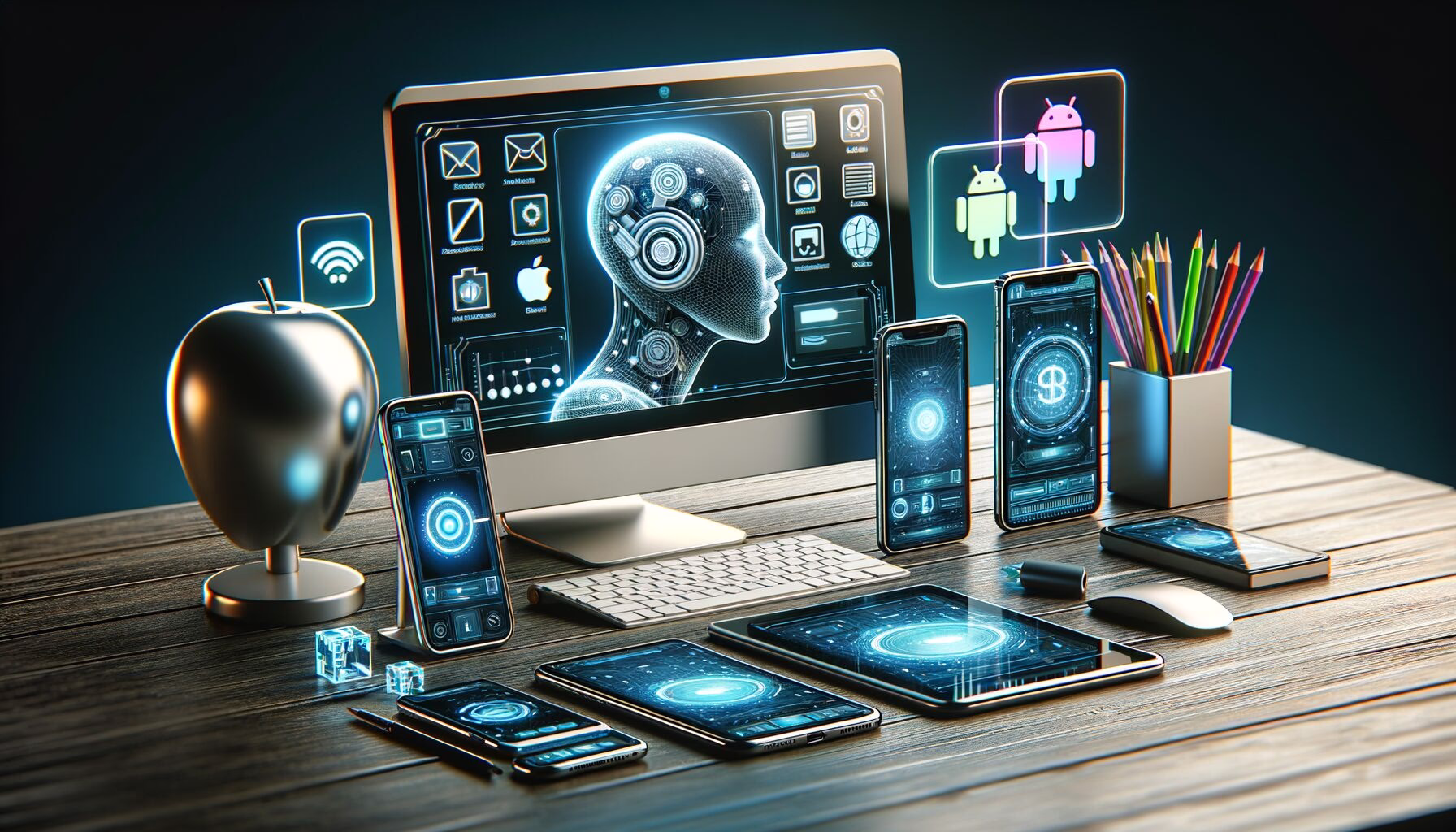 KDB Tech-Update 202405261503 Modernes Tech-Setup: Computerbildschirm mit KI-Gesicht, mehrere Smartphones mit App-Symbolen und Bildschirmaufnahme, zentrale Steuerung verschiedener Geräte.