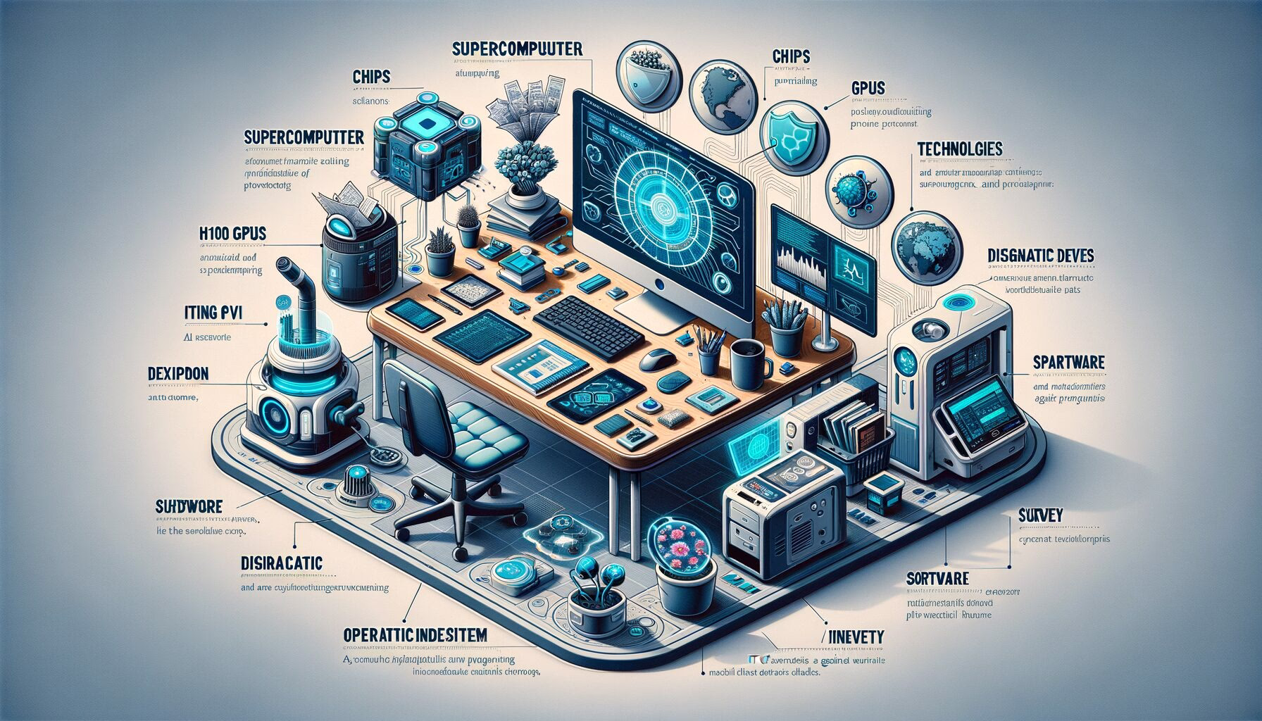 KDB Tech-Update 202405270506 Innovativer Schreibtisch mit Computereinheit, Chips und Bildschirmen zu KI, IT-Sicherheit, Softwareentwicklung, Bildung, Gesundheit und Diagnosegeräten.