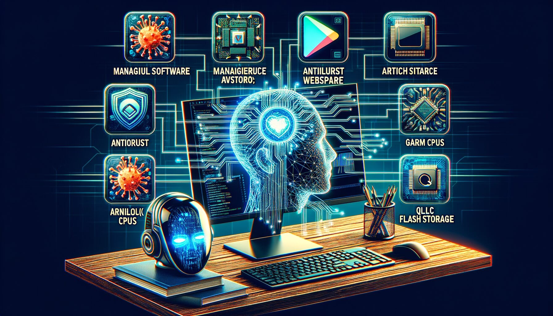 KDB Tech-Update 202405271504 Technologie-Desk mit Computer, KI-gestützter Suche, Schutzsymbolen, CPU- und Flash-Speicher-Icons sowie Daten- und Logiklinien im Hintergrund.