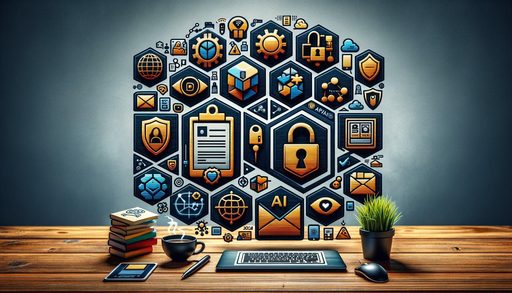 KDB Tech-Update 202405280501 Schreibtisch-Illustration mit einem Laptop und vielen IT-Sicherheits-, Datenschutz- und KI-Icons als Überblick über Cybersecurity- und Produktivitätsfunktionen.