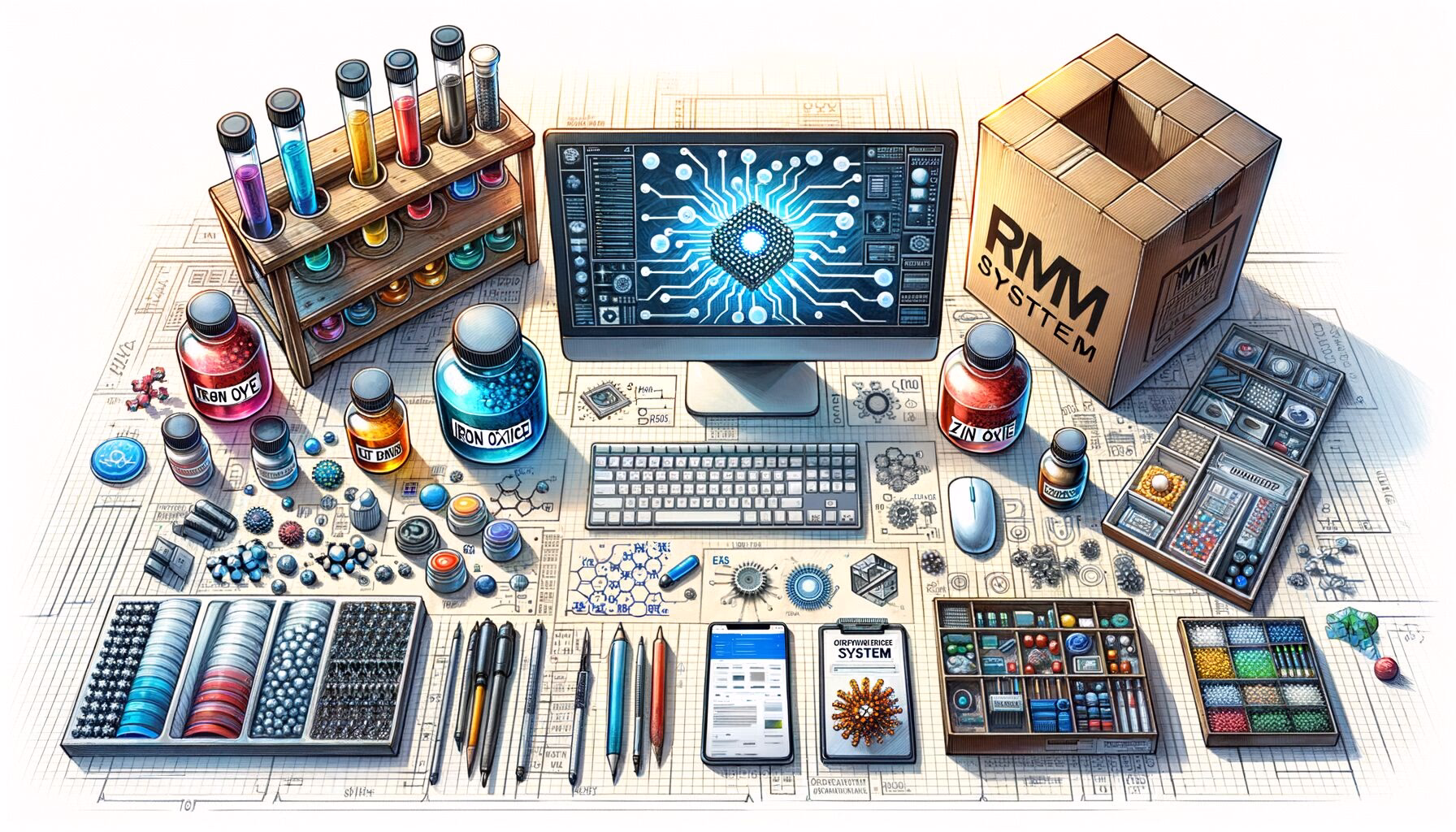 KDB Tech-Update 202405281501 Technik-Desk mit Reagenzgläsern, Computerbildschirm mit Daten-Logo, beschrifteter Box „RMM System“ und Chips zur IT- und Wissenschaftsvisualisierung.