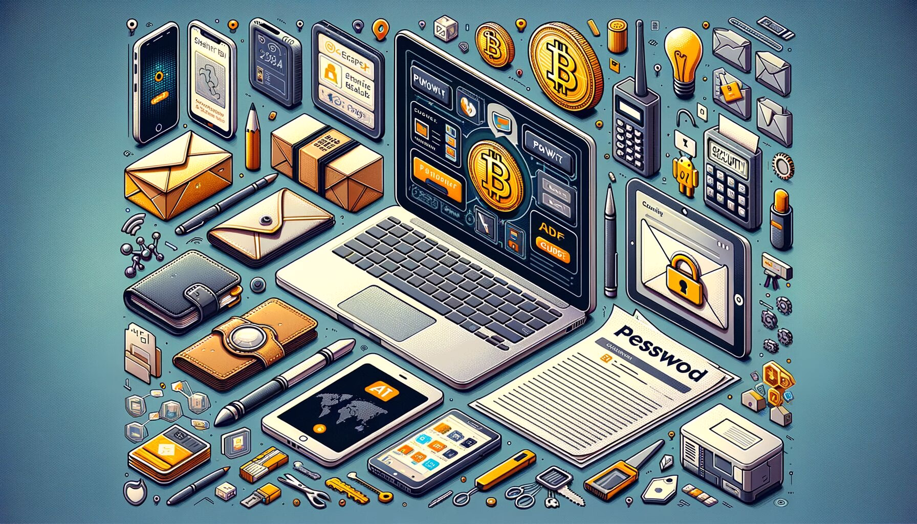 KDB Tech-Update 202405291504 IT-Sicherheits- und Update-Thematik: Laptop mit App-Icons, Sperr- und Passwortsymbolen, Papier „password“ sowie Umschläge und Wallet/Token-Illustrationen.