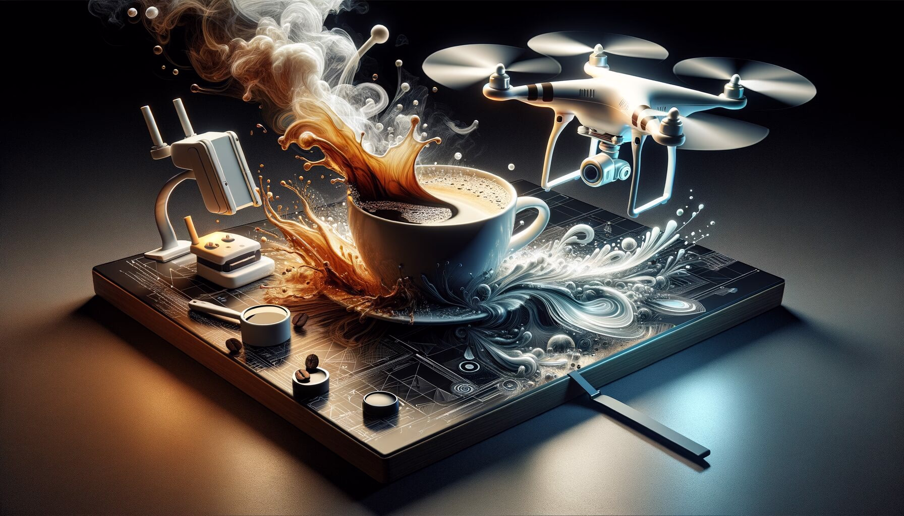 KDB Tech-Update 202405300505 Schwarzer Bildschirm-Drohnenarm über Tablett mit Tasse; spritzender Kaffee mischt sich mit Licht- und Schattenspielen, unterstützt Technikvisualisierung.