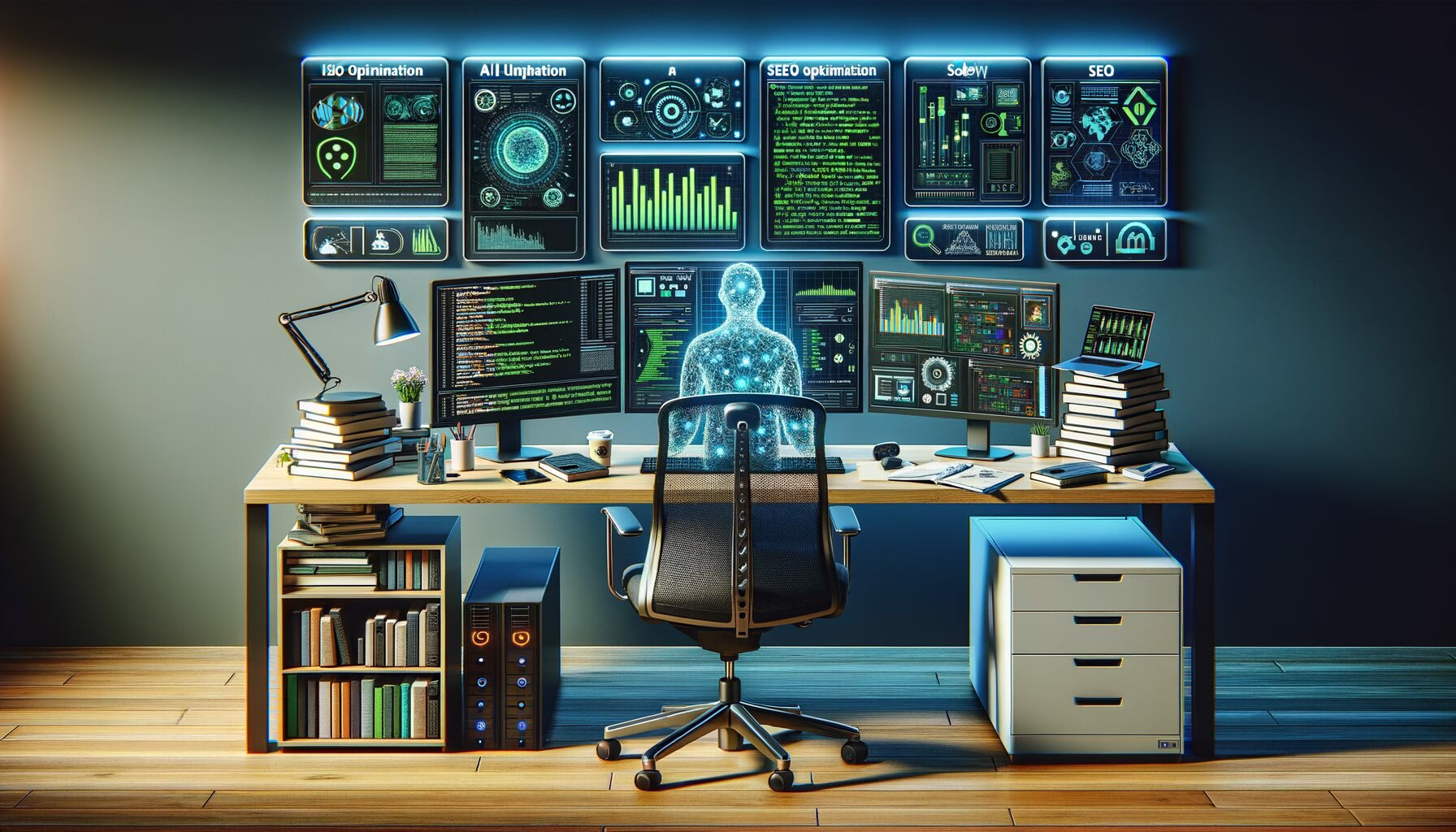 KDB Tech-Update 202405310503 Modernes Büro mit Schreibtisch und Monitoren voller Code, KI-Dialogen und Diagrammen; Bücher und Server-Elemente symbolisieren Technikupdate und Analyse.