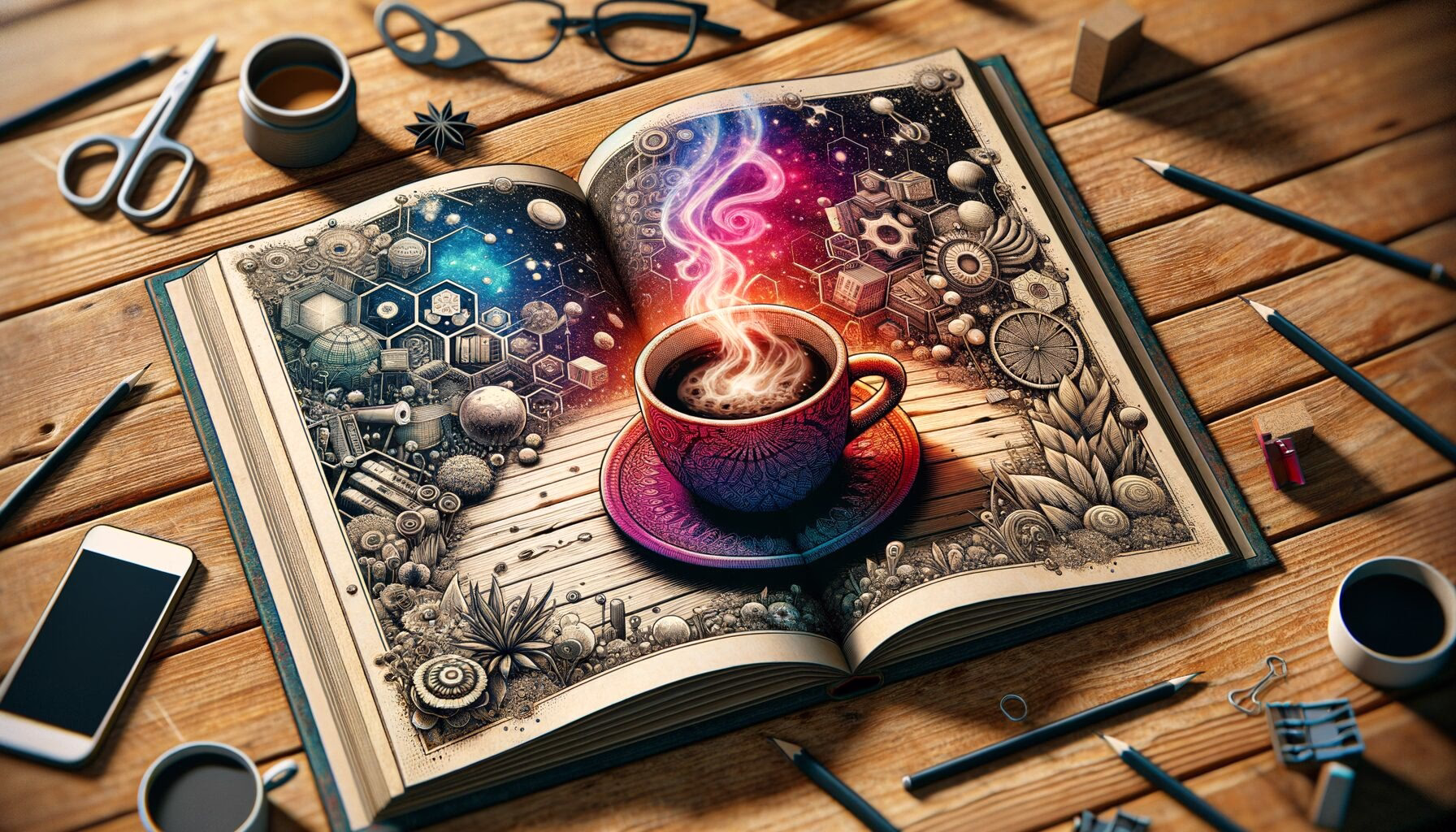 KDB Tech-Update 202405311504 Offenes Buch mit detailreichen Illustrationen und einer dampfenden Tasse Kaffee auf einem Holztisch, eingerahmt von Stiften und Brille.