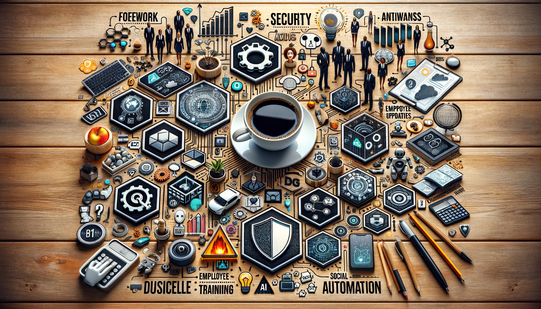 KDB Tech-Update 202406010506 Holztisch voller Symbole für IT-Sicherheit, Updates, KI/Chatbots, Keyword- und Social-Media-Marketing; Kaffeetasse im Zentrum, Werkzeug-/Trainings-Elemente rundherum.