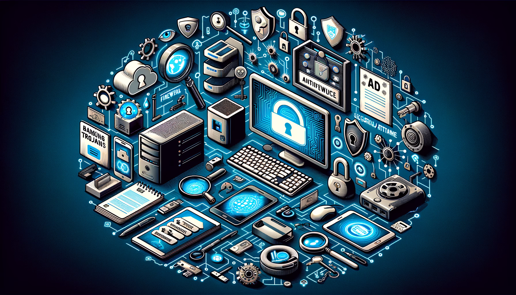 KDB Tech-Update 202406011503 Rechner mit Firewall-, Schloss- und Passwort-Symbolen, verschlüsselte Daten, Sicherheits- und Werbe-/Banking-Hinweise; zeigt Schutz vor Cyberangriffen.