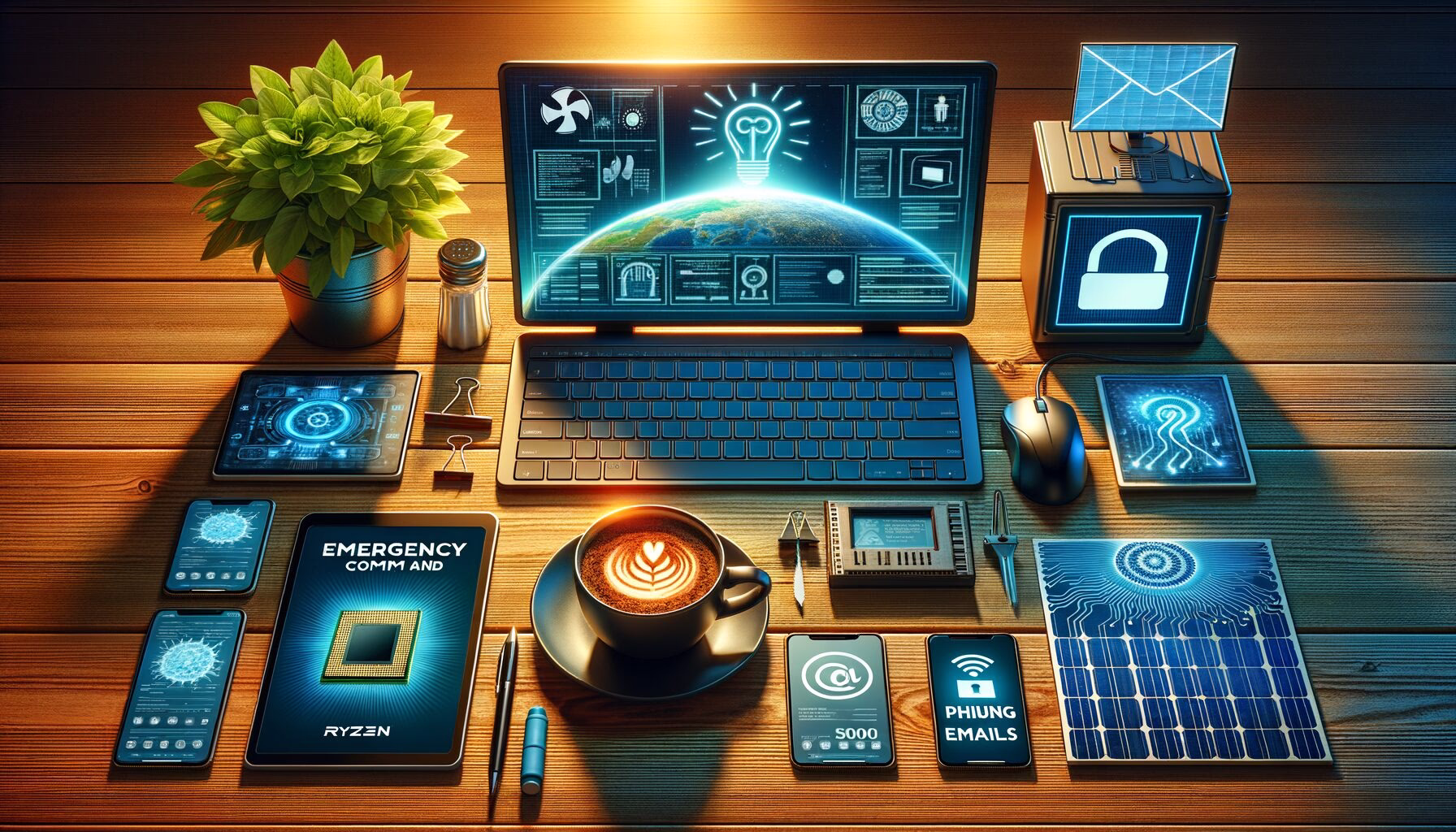 KDB Tech-Update 202406030501 Technik-Arbeitsplatz mit Laptop, Notfall-Zentrale auf Tablet, Webinar-Display, Solarzellen und sicherheitsbezogenen Symbolen inklusive Warn-E-Mails.