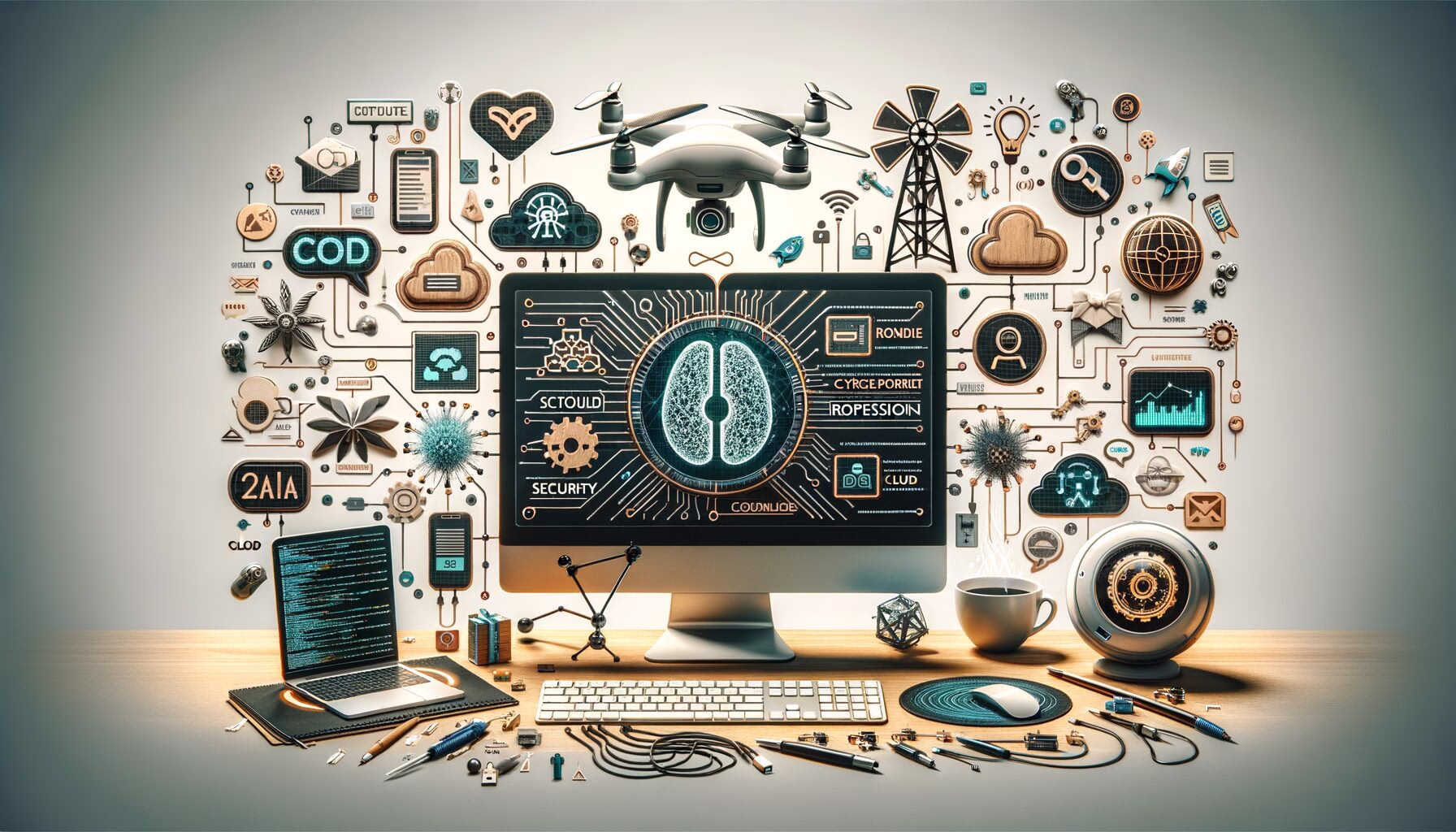 KDB Tech-Update 202406031505 Zentraler Monitor mit Sicherheits- und KI-Symbolen, umgeben von Cloud-, Code-, Chat- und erneuerbarer-Energie-Icons; zeigt digitale Tech-Integration.
