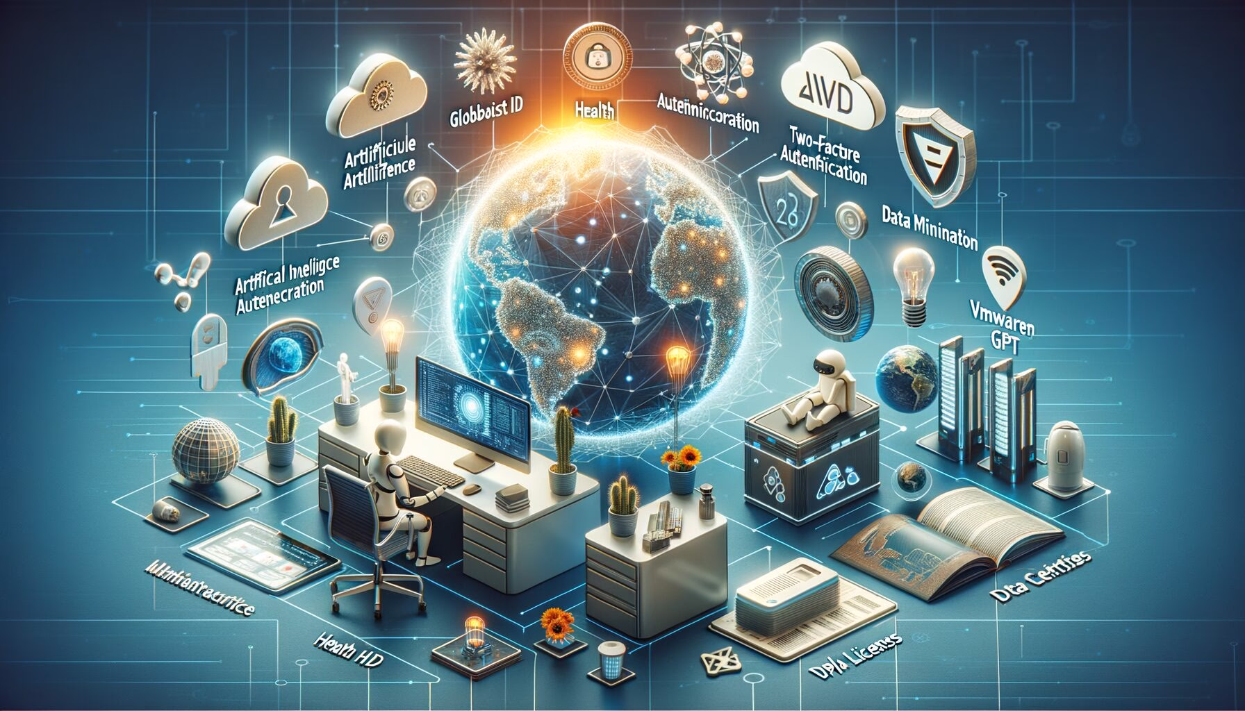 Futuristischer Technik-Schreibtisch: Server-Netzwerk, Symbole für Authentifizierung und Datensparsamkeit, Schutzschilde und Cloud-Anbindung in Hintergrundgrafik.