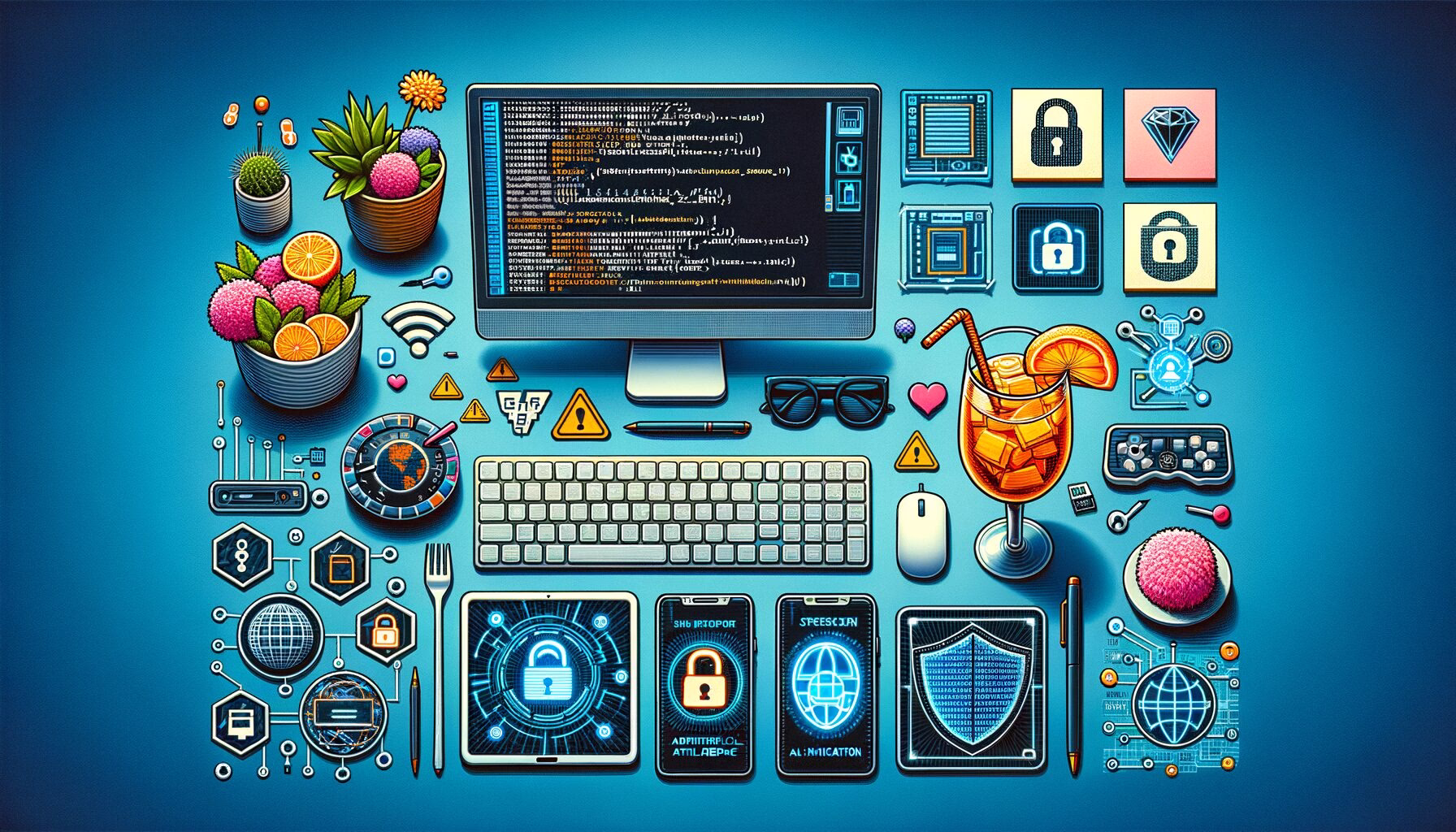 KDB Tech-Update 202406041503 Arbeitsplatz-Illustration mit Computer-Terminal, Tastatur, Smartphone 2FA, entsperrt wirkendem Schloss, Datenleck- und KI-Symbolen sowie Hologramm-Assistent.