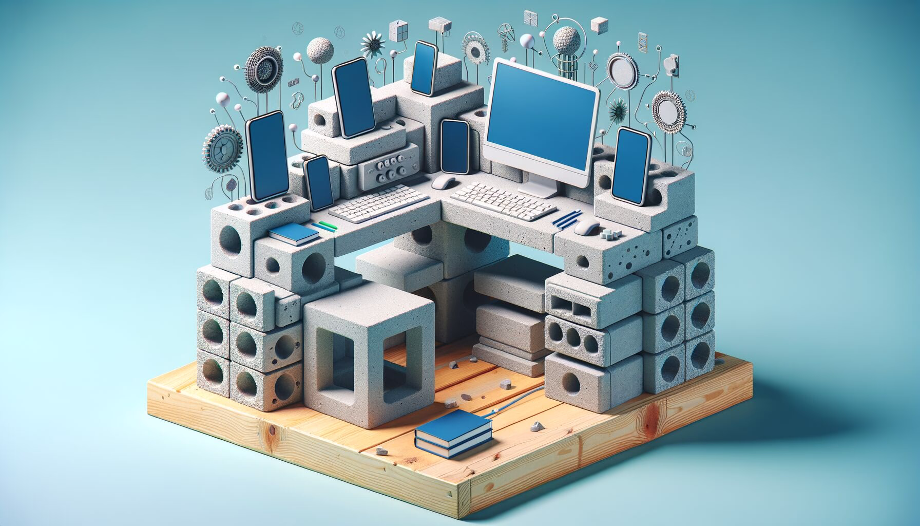KDB Tech-Update 202406050505 Eckiger Schreibtisch aus Betonblöcken mit integrierten Smartphones und Monitoren; futuristisches Arbeitsplatz-Design für Technik und Produktivität.