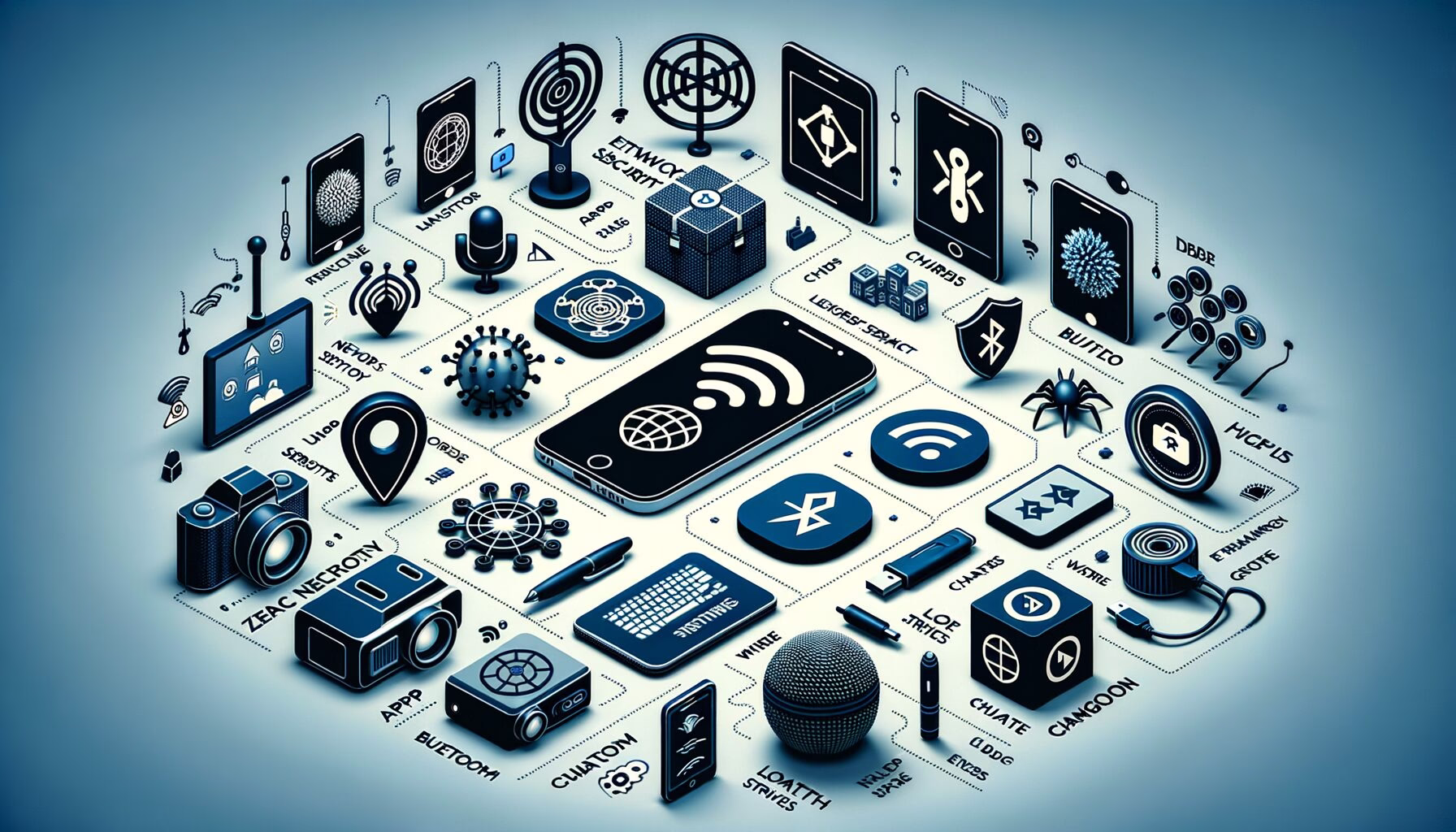 KDB Tech-Update 202406060503 Technologie-Desk mit Smartphone, Kamera, Mikrofon und Symbolen für Netzwerk-Sicherheit, WLAN, Bluetooth, Standort, App-Stores sowie Lade- und Malware-/Exploit-Metaphern.