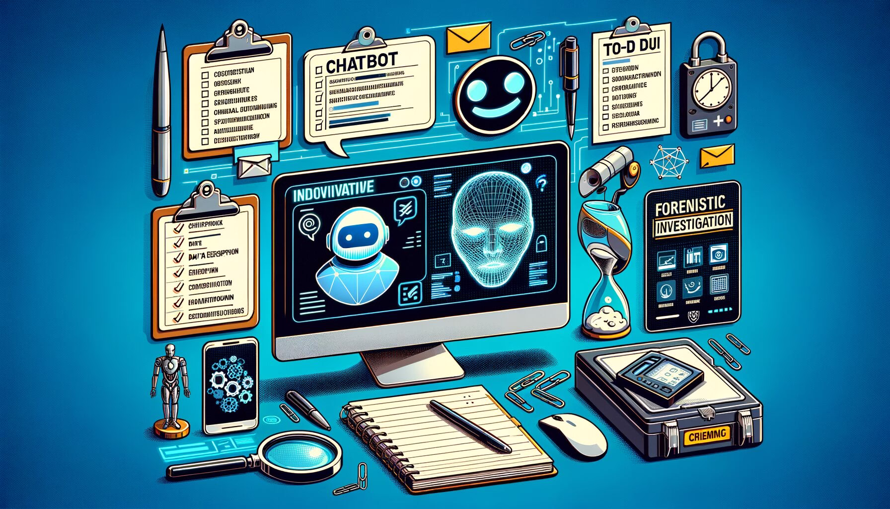 KDB Tech-Update 202406061506 Illustration eines Schreibtisch-Setups mit Chatbot-Screen, Verschlüsselungs-Visualisierung, Notizblock, To-do-Listen, Forensik-Kit und Symbolen für Datenanalyse.