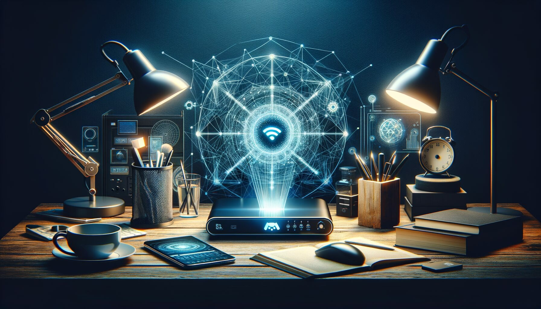 KDB Tech-Update 202406071501 Technischer Schreibtisch: leuchtender UWB-Funkbereich über einem Gerät, AR-Overlay, Chat-Display im Monitor, modernes Hightech-Setup.