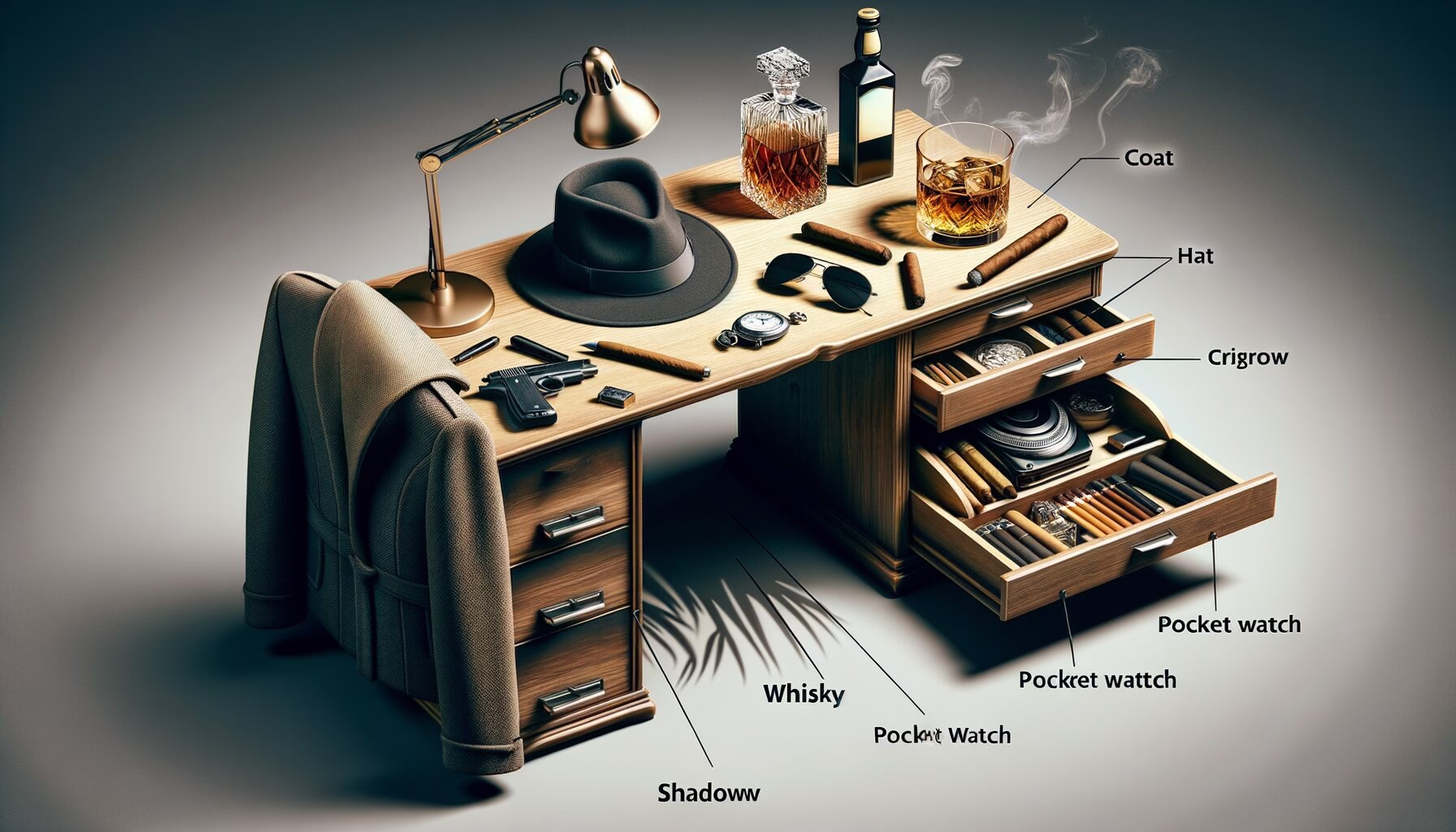 KDB Tech-Update 202406080501 Noir-Desk mit Mantel, Hut, Whiskey-Glas, Zigarren, Taschenuhr und Schatteneffekt; offene Schubladen und versteckte Fächer betonen Geheimnis.