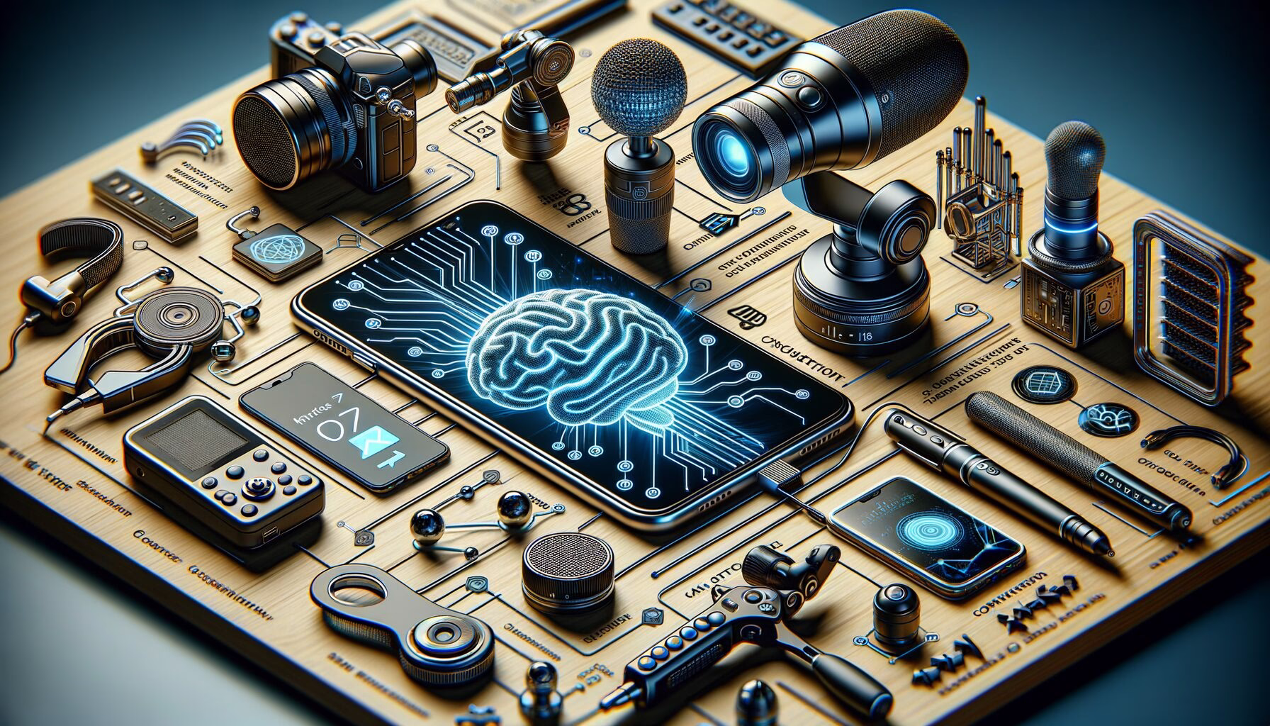 KDB Tech-Update 202406081501 Technik-Desktop mit Smartphones, Mikrofonen, Kameras und KI-Visualisierung: digitale Neuronen, Energie- und CO₂-Symbole, Screens/Anwendungen.