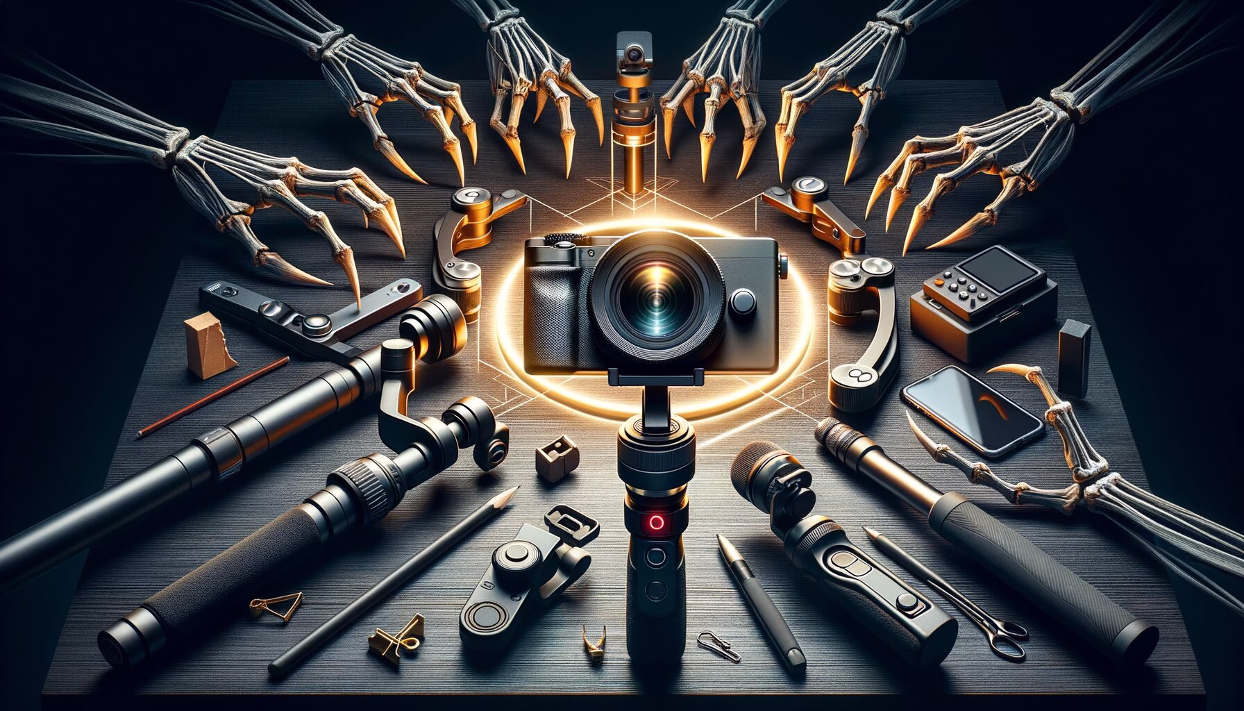 KDB Tech-Update 202406090503 Konzeptuelle Kamera- und Videotechnik auf Tisch, von Handklauen umgeben; Lens im goldenen Verhältnis mit Lichtkreis als Fokus.