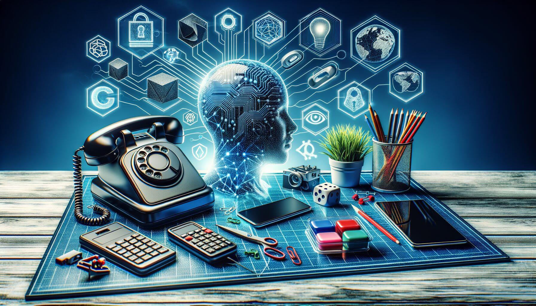 KDB Tech-Update 202406091501 Technologie-Desk mit Telefon, Tablet, Computer-Zubehör und abstrakten Symbolen für KI, Privatsphäre und Quellcode; Blick auf digitale Kopf-Visualisierung.