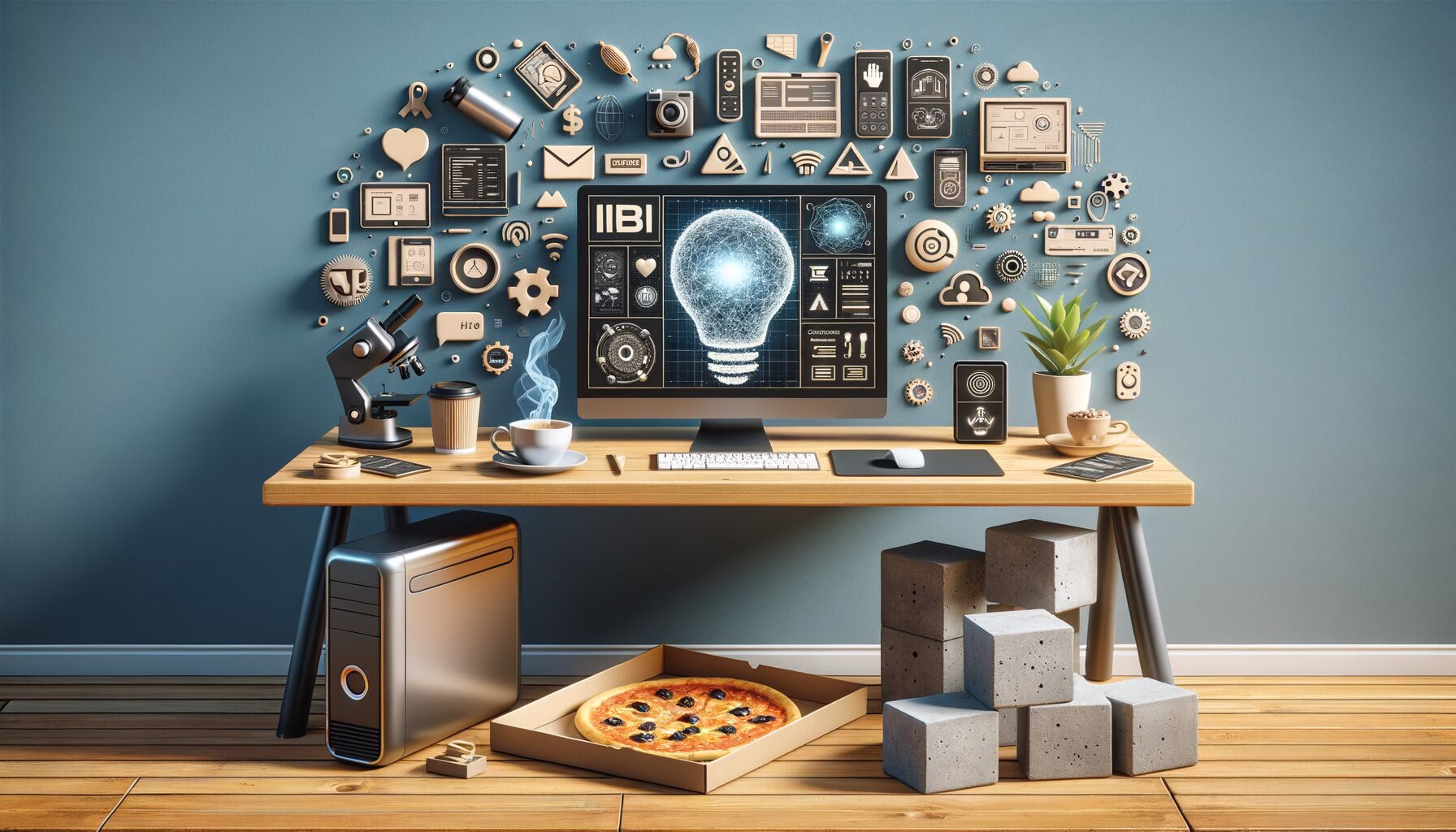 KDB Tech-Update 202406100502 Moderner Schreibtisch mit Computer, KI-Darstellung auf Monitor und verstreuten Tech-Icons; Kaffeebecher, Pizza und Betonklötze als Themenbezug.