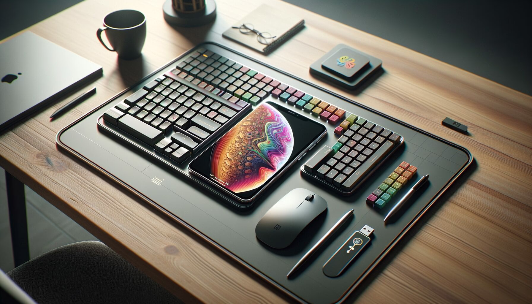 KDB Tech-Update 202406101502 Produktiver Arbeitsplatz: Tastatur, Smartphone auf Stand und USB-Stick auf dem Schreibtisch zum schnellen Arbeiten und Datenaustausch.