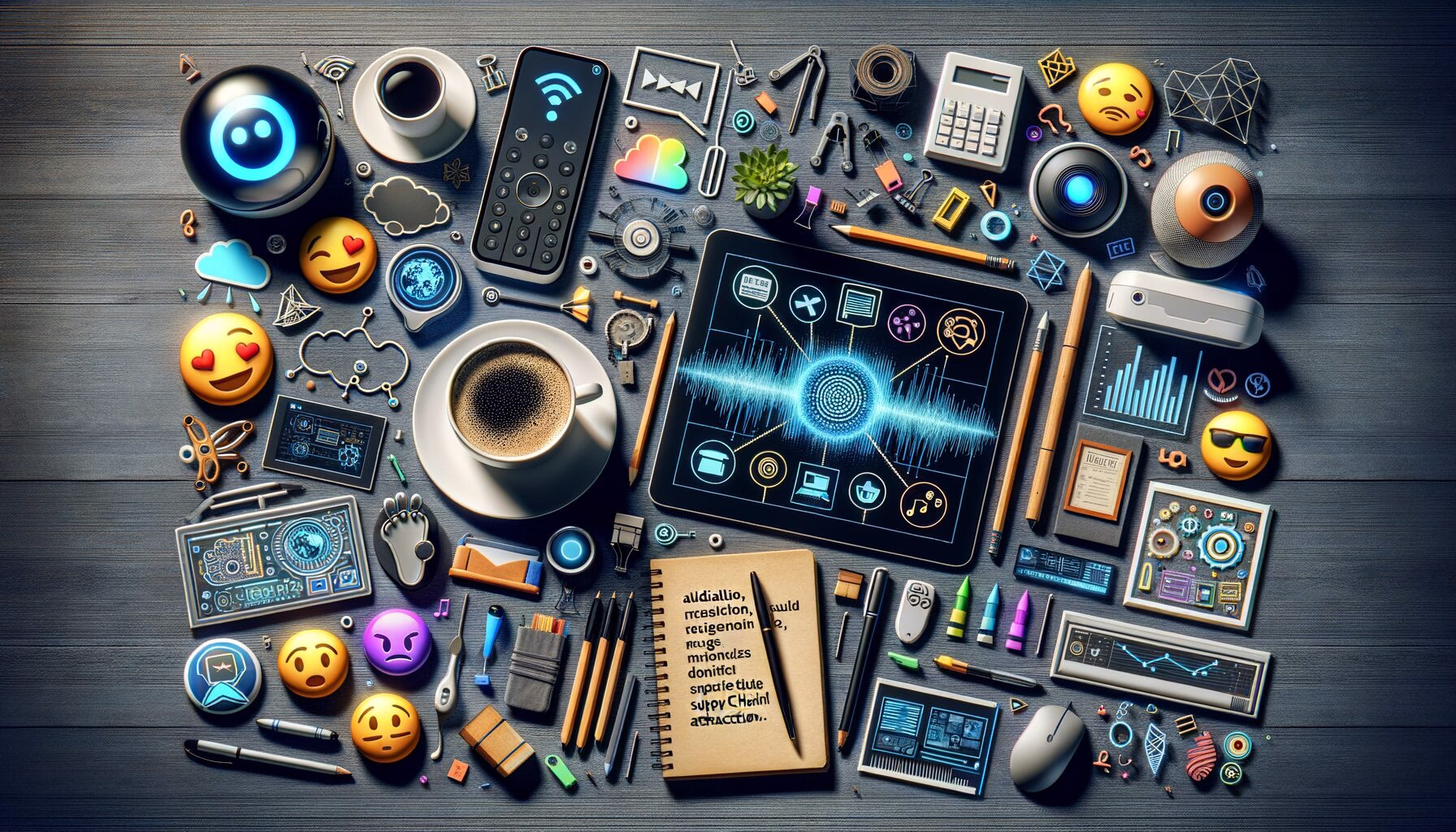 KDB Tech-Update 202406110504 Schreibtisch mit Kaffee, Geräten und Symbolen; Tablets zeigen Daten- und Sicherheitsgrafiken, Akustik-Wellen signalisieren aktive KI.