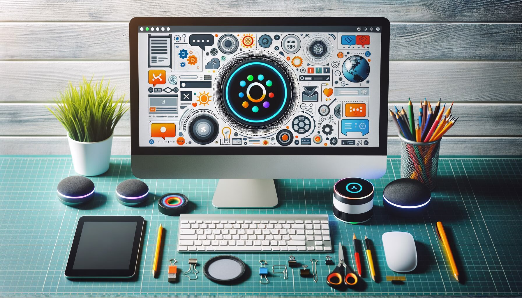 KDB Tech-Update 202406111503 Arbeitsplatz mit Computerbildschirm voller UI-Symbole, Sprachassistenten-Geräten und Zubehör auf grünem Zuschnittbogen—für Technik-Update/Designprozesse.